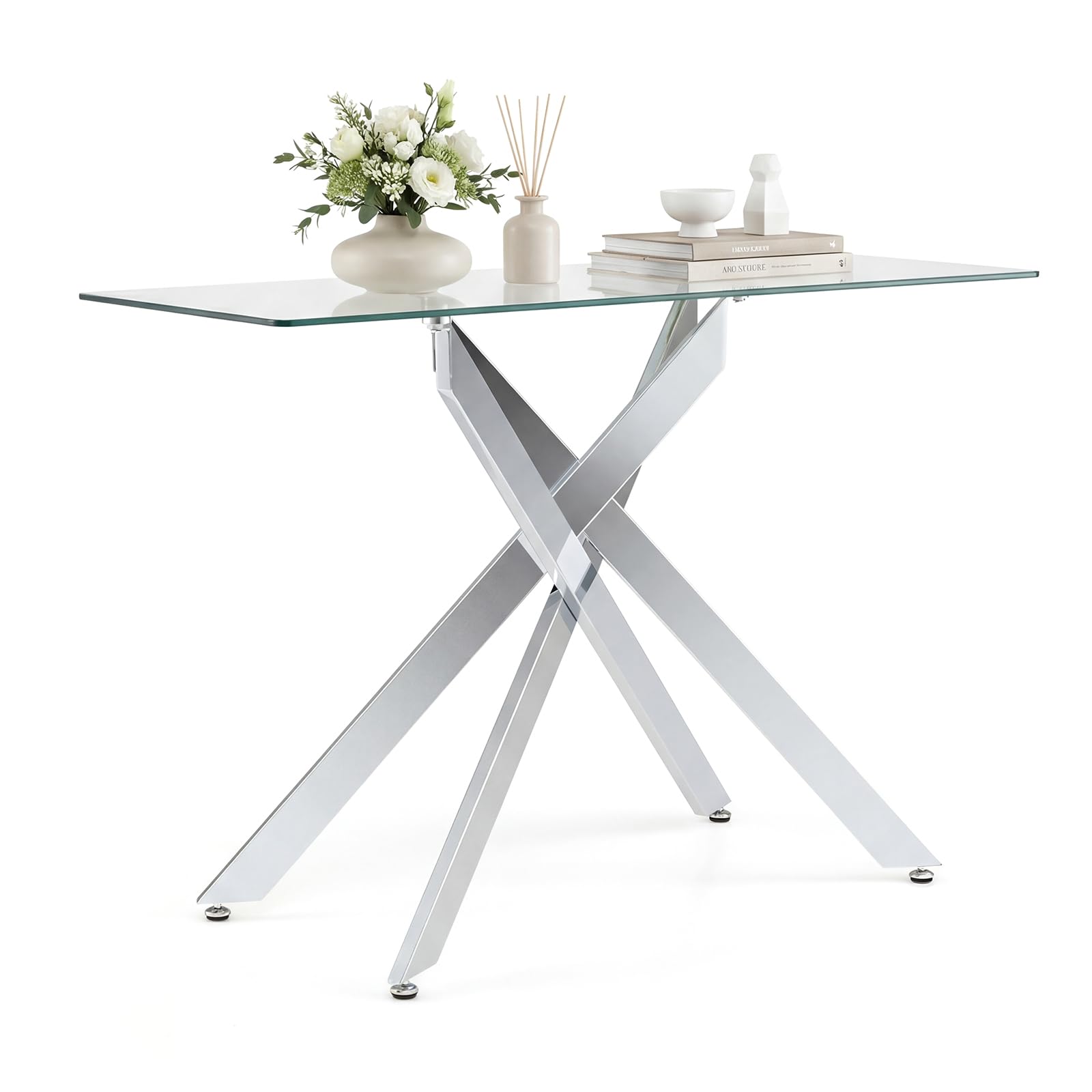 COSTWAY Consolle Ingresso in Vetro Temperato, Tavolo d'Ingresso con Gambe Incrociate in Metallo Placcato e Piedini Regolabili Antiscivolo, Tavolo per Corridoio, Entrata e Salotto (Argento)
