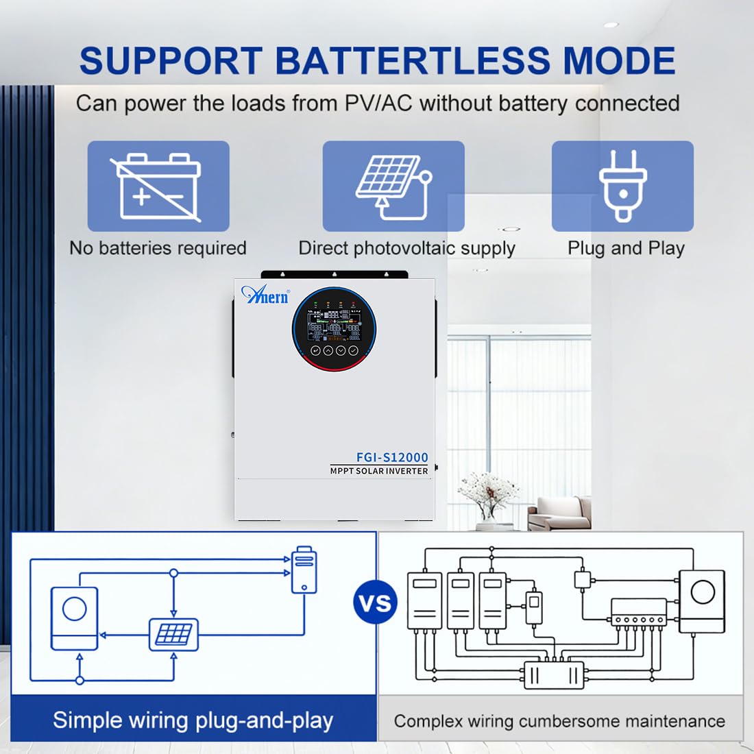 Anern Inverter ibrido 12000 W 48 V CC A 220-240 V AC, invertitore solare autonomo, regolatore di carica Mppt 160 A integrato, doppio ingresso fotovoltaico, doppia uscita Ca,può funzionare senza