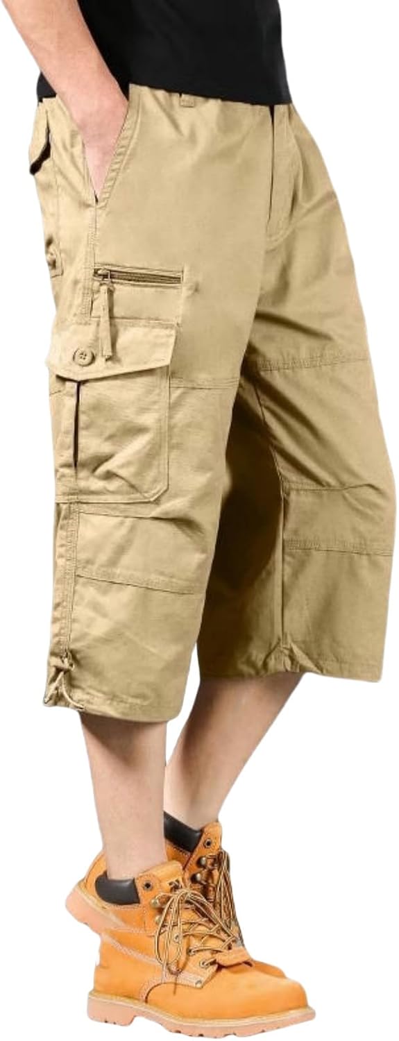 Men's Breathable Lightweight Multi-Pocket Cargo Shorts,Outdoor Solid Color Loose Fit 3/4 Length