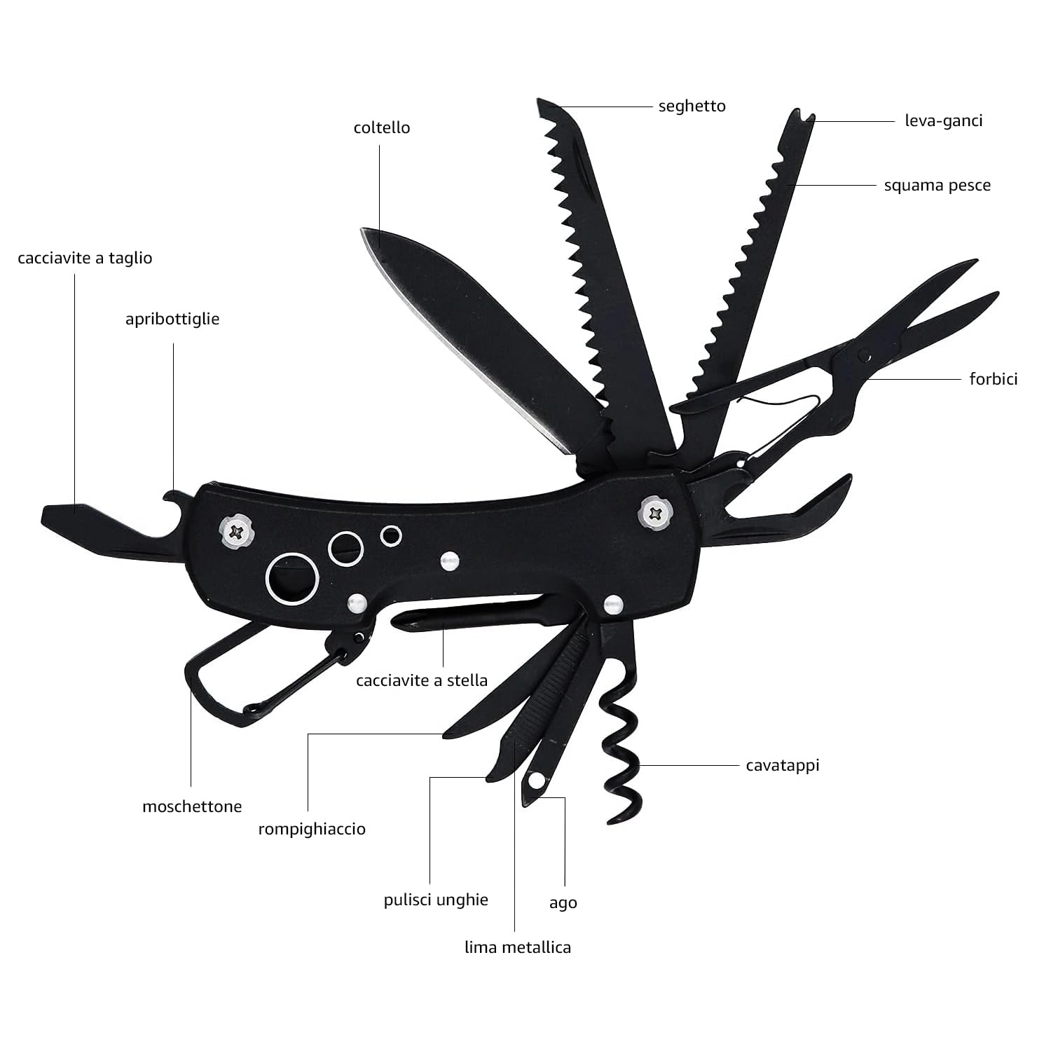 Amazon Basics Coltello multiuso tascabile 15 in 1 con custodia Nero