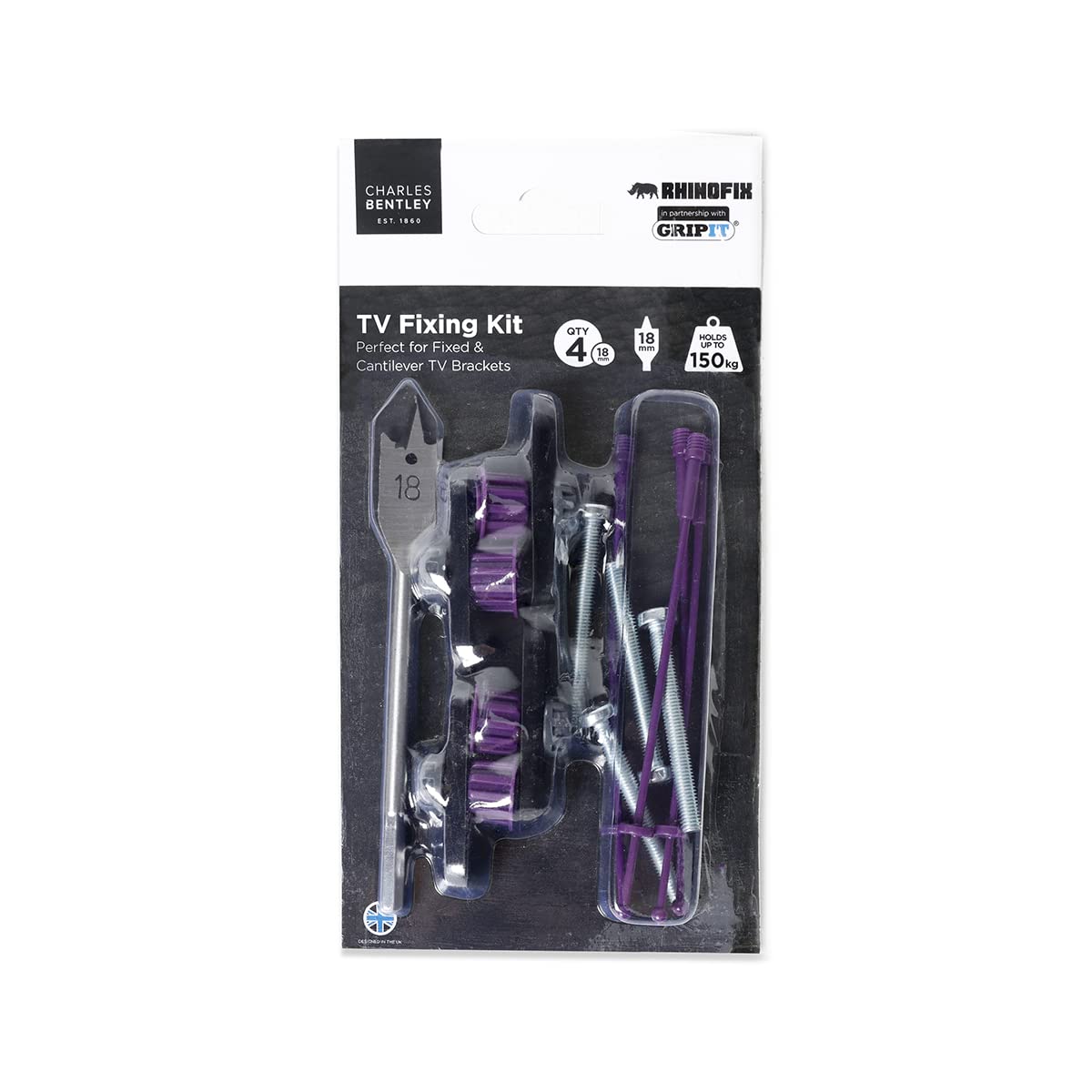 GRIPIT, Rhinofix, Plasterboard, TV Fixing Kit, 4 Pack, Purple, 150kg Weight Capacity, Durable Fixings, Sturdy Fixings, For Cantilever, Tilting TV Brackets, 4 Fixings, Construction, DIY (24x12cm)