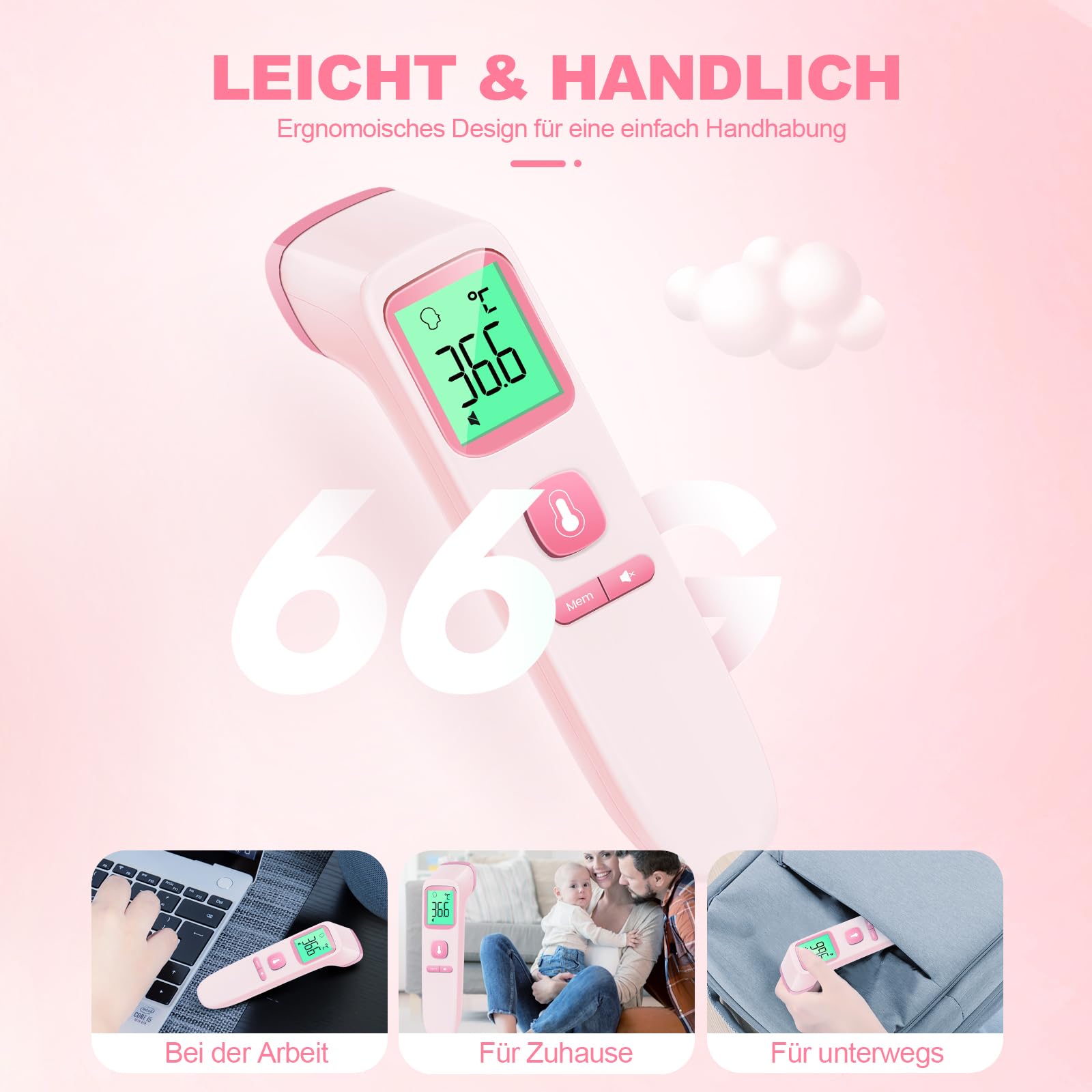 Viproud Termometro digital para fiebre para bebés, niños y adultos, Termometro bebe infrarrojo sin contacto para la Termómetro frente,con mediciones precisas instantáneas,alarma de fiebre (Rosy)