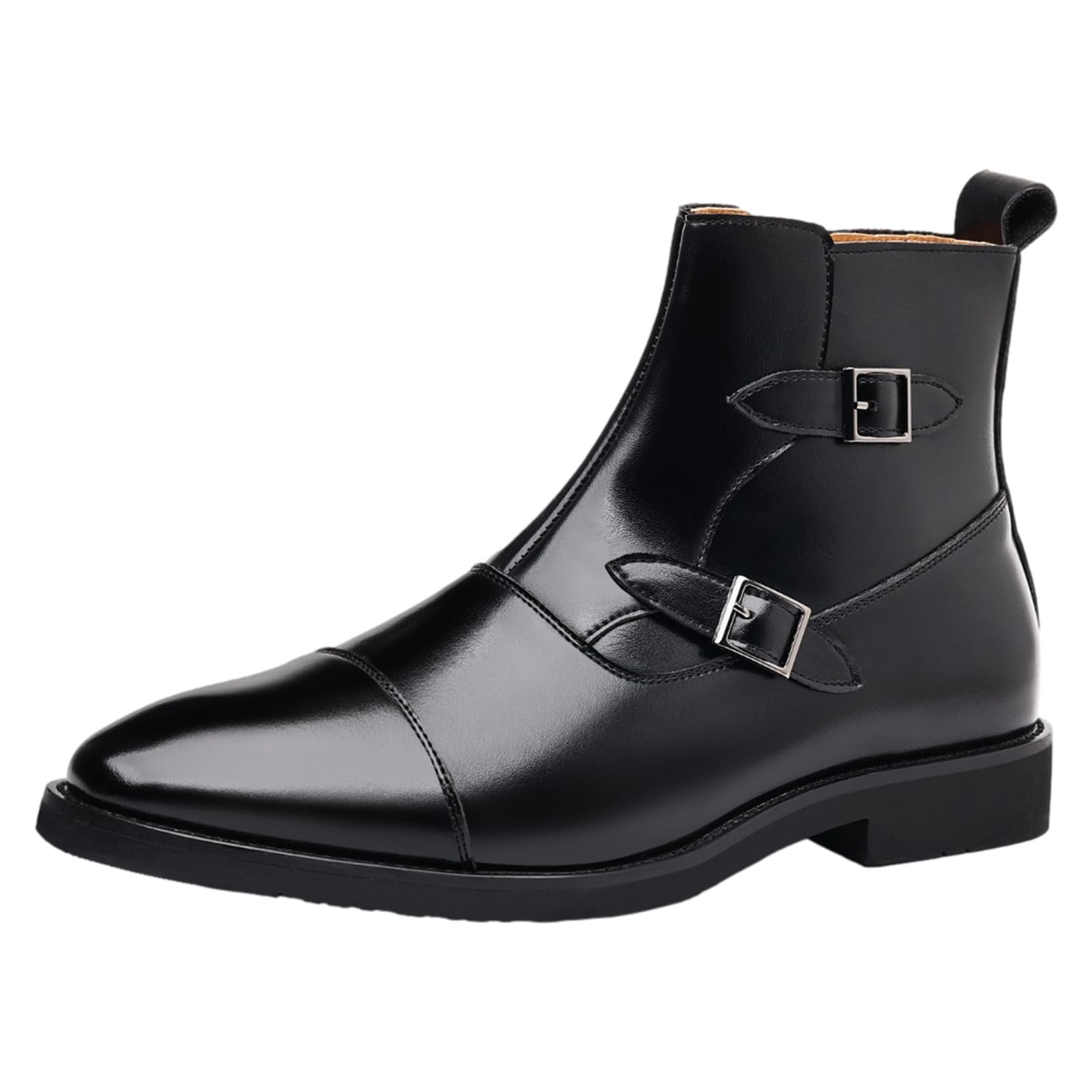 ANUFER Men's Elegant Pointed Toe Buckle Straps Zipper Ankle Boots Faux Leather Dress Boots