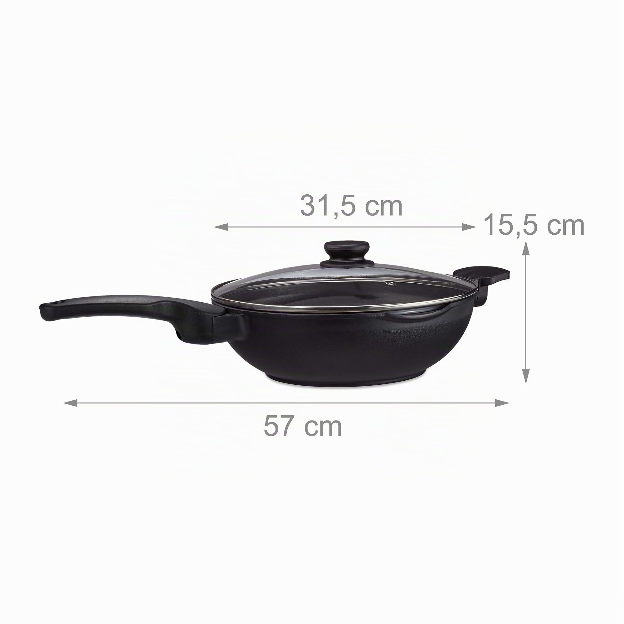 Relaxdays Wok, Padella con Coperchio di Vetro, 30 cm, Antiaderente, per Fornelli a Gas, Elettrici & Induzione, 4l, nero
