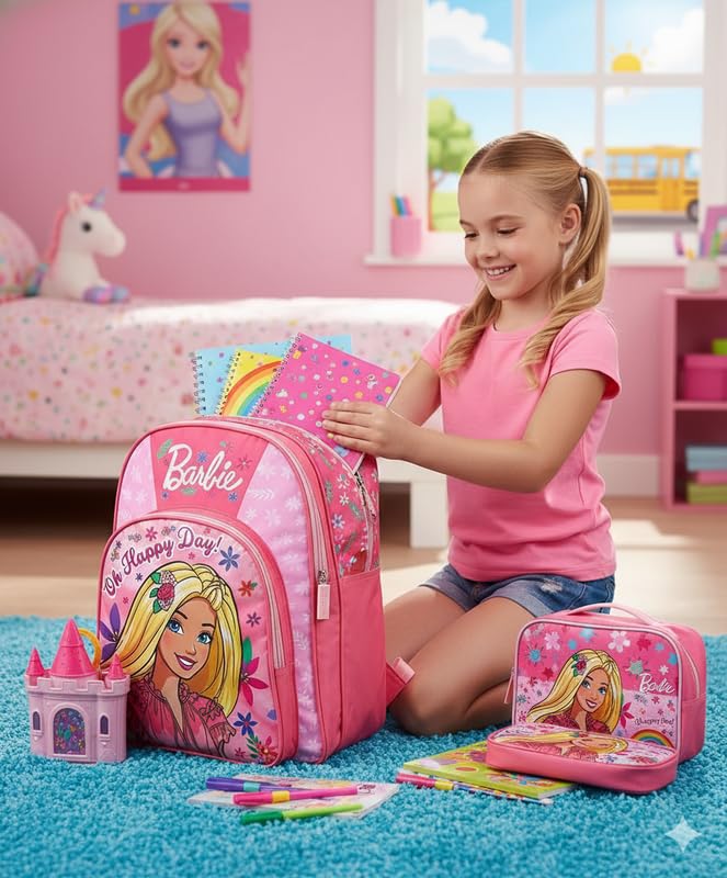 Image of STRIDERS Barbie School Backpack for Kids - Stylish, Lightweight Pink Backpack with Padded Comfortable Straps & Fun Graphic Design - Ideal for School & Travel