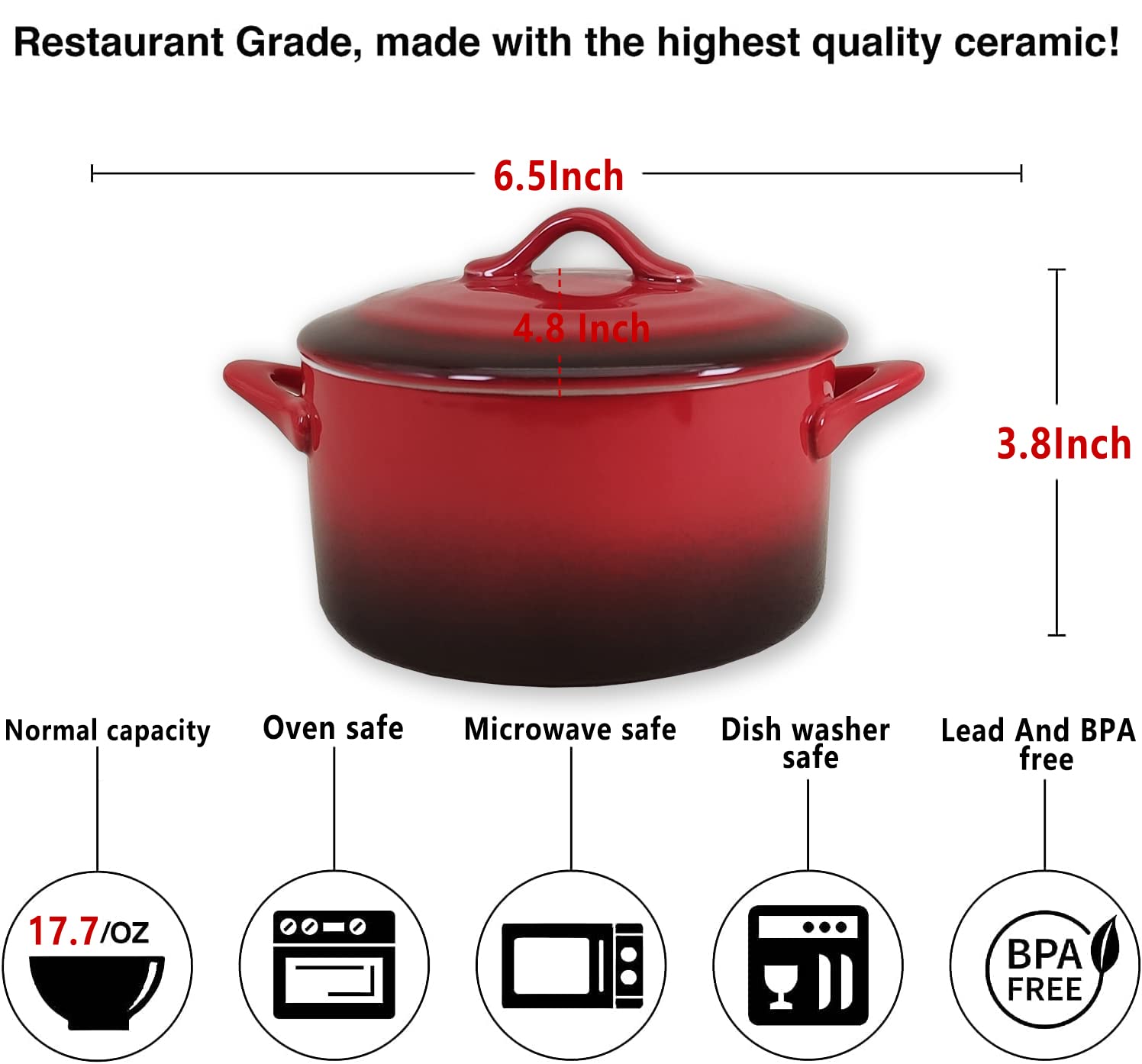 Juego de mini cocotte de cerámica, cacerola pequeña de 17 onzas con tapas y asas, moldes individuales para hornear, aptos para horno, microondas y lavavajillas (interior blanco exterior