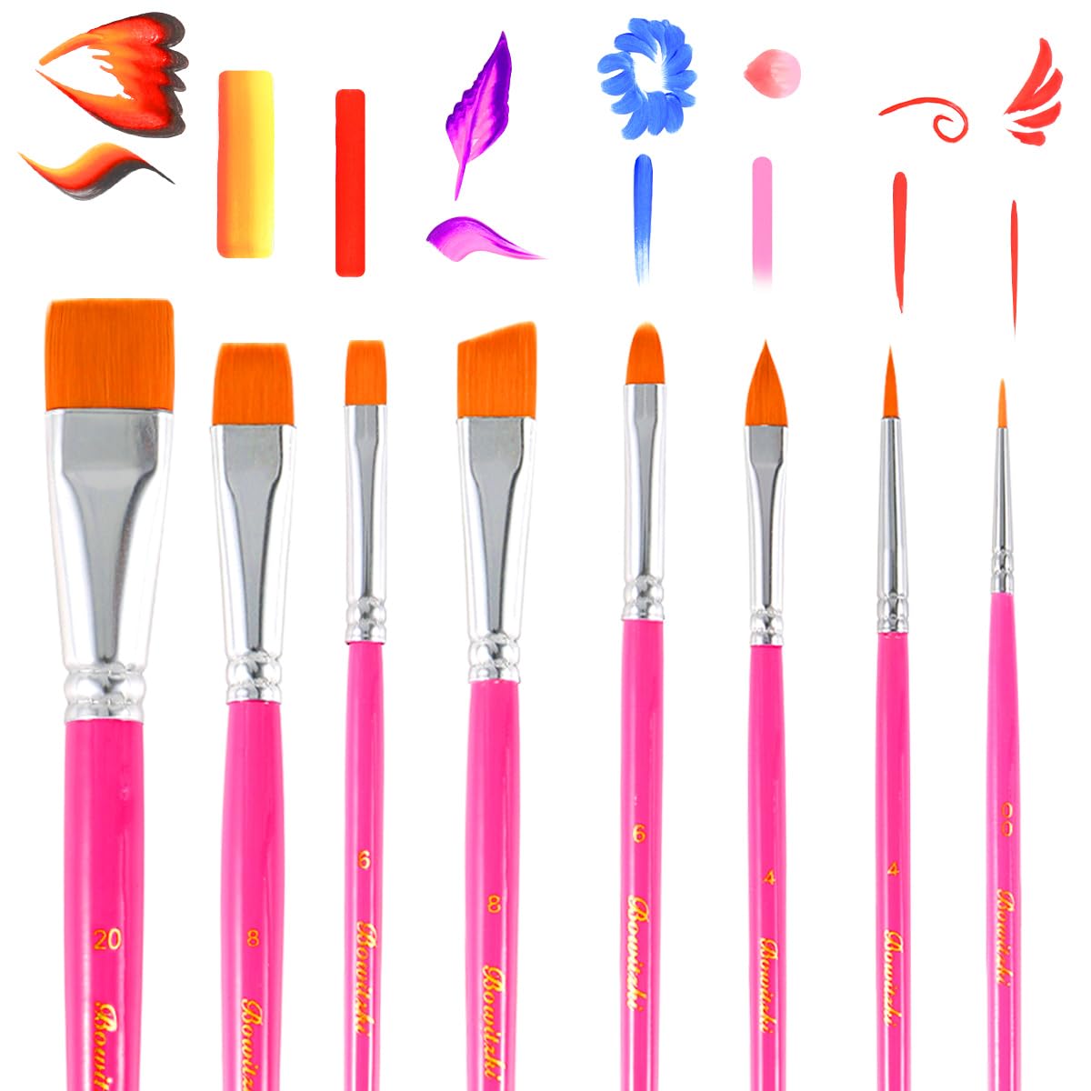 Bowitzki Pink Face Paint Brushes 8 pcs,Professional Artist Brush for Body face Painting,Acrylic Painting Watercolor Oil Gouache โ image 1