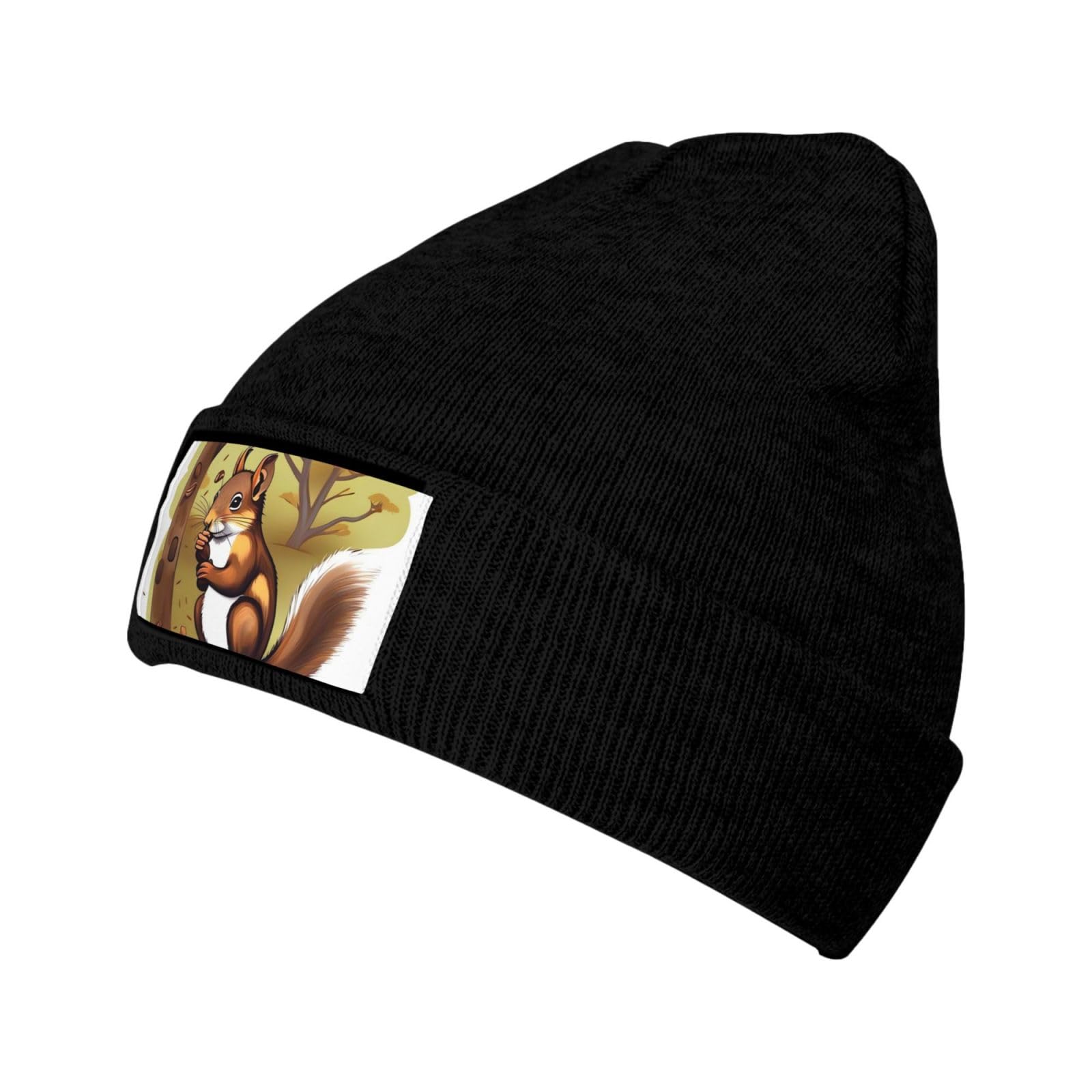 Smazdfxx Unisex As Pic Black Nuteating Squirrel Print Beanie For Women Men Knit Hat Warm Winter Beanies Cap Fashion Cuffed Beanie Hat