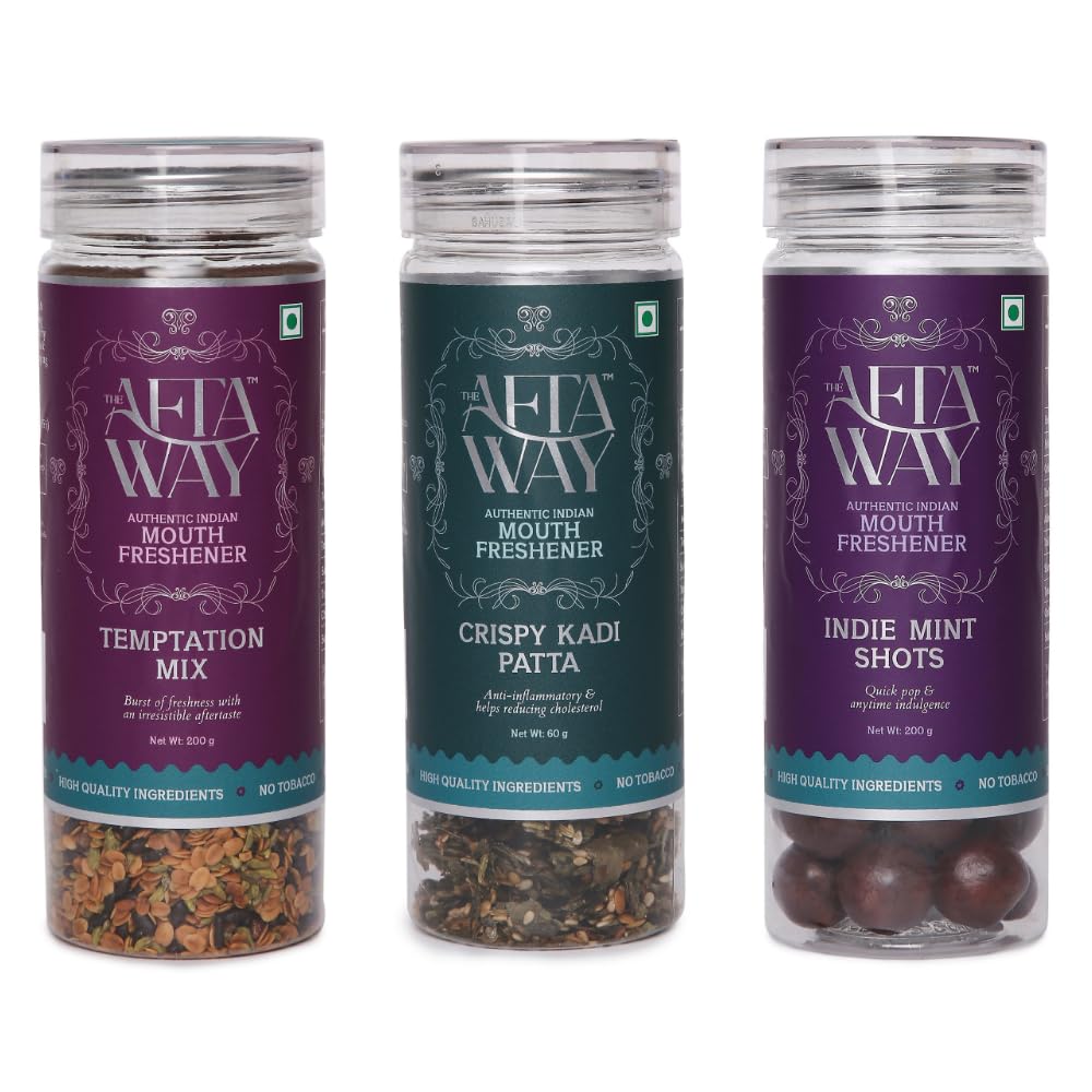 The AftaWay Party Refreshment Mukhwas Combo 460g (Pack of 3) –Indie Mint Shots, Temptation Mix, Crispy Kadi Patta |Indian Mouth Freshener | After-Meal Mukhwas | No Tobacco | Perfect for Parties & Gift