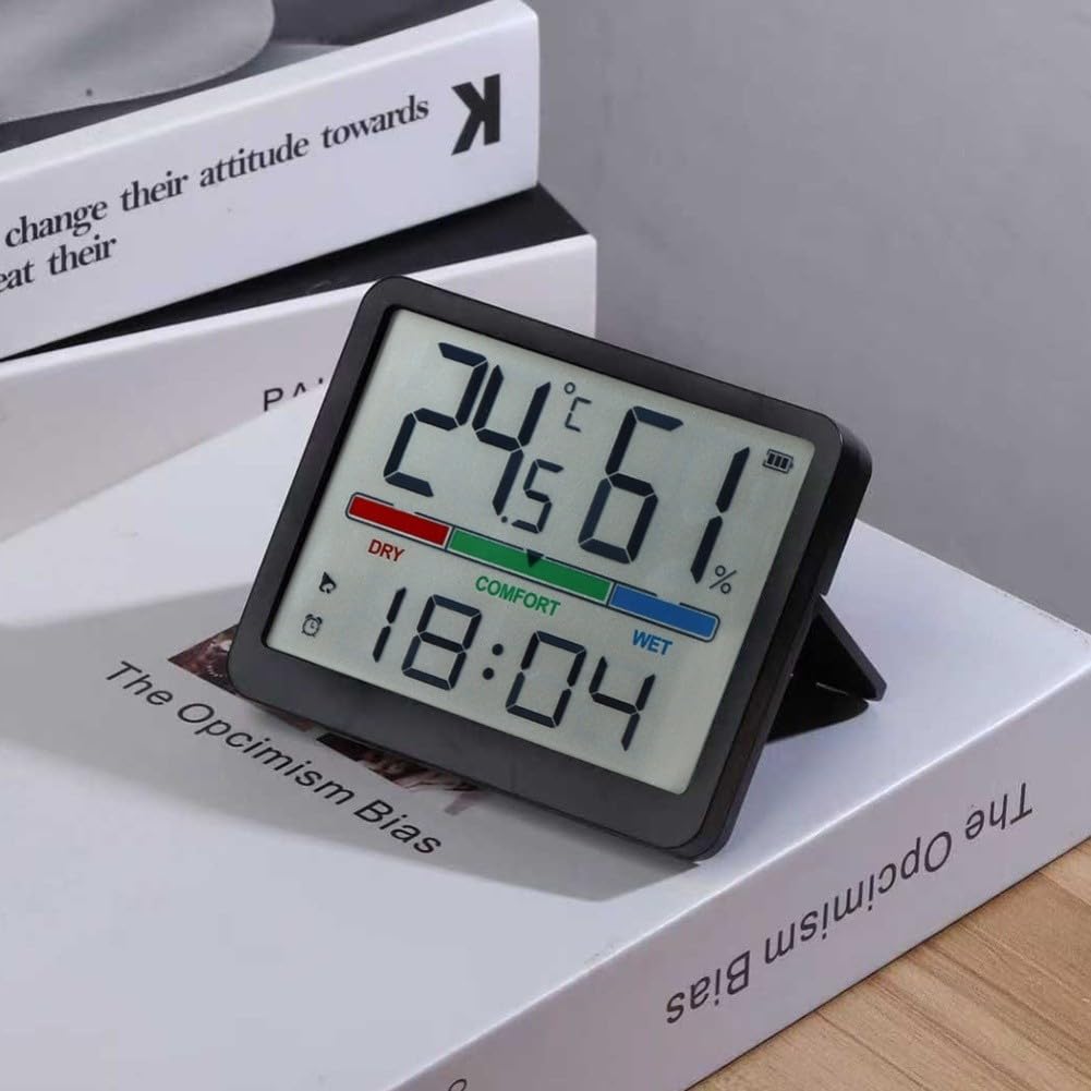 Reloj de pared digital LCD con monitor de temperatura y humedad, termohigrómetro interior con alarma, escritorio compacto o pantalla de hora montada en la pared para oficina en casa, blanco