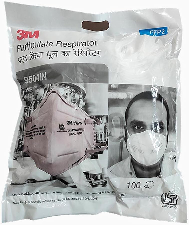 3M 9504IN Disposable Respirator FFP2 Face Mask, Non Woven Fabric, Metal Nose Clip and Elastic Headband Disposable Anti Air Pollution Respirator (Pack of 100)
