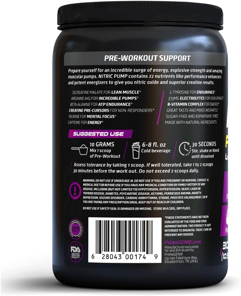 PrimeGENIX Nitric Pump Pre Workout Powder for Men & Women – 30 Servings Fruit Punch, No Bloating Formula with Dicreatine Malate, Arginine AKG, Beta-Alanine & B-Vitamins for Energy, Strength & Focus