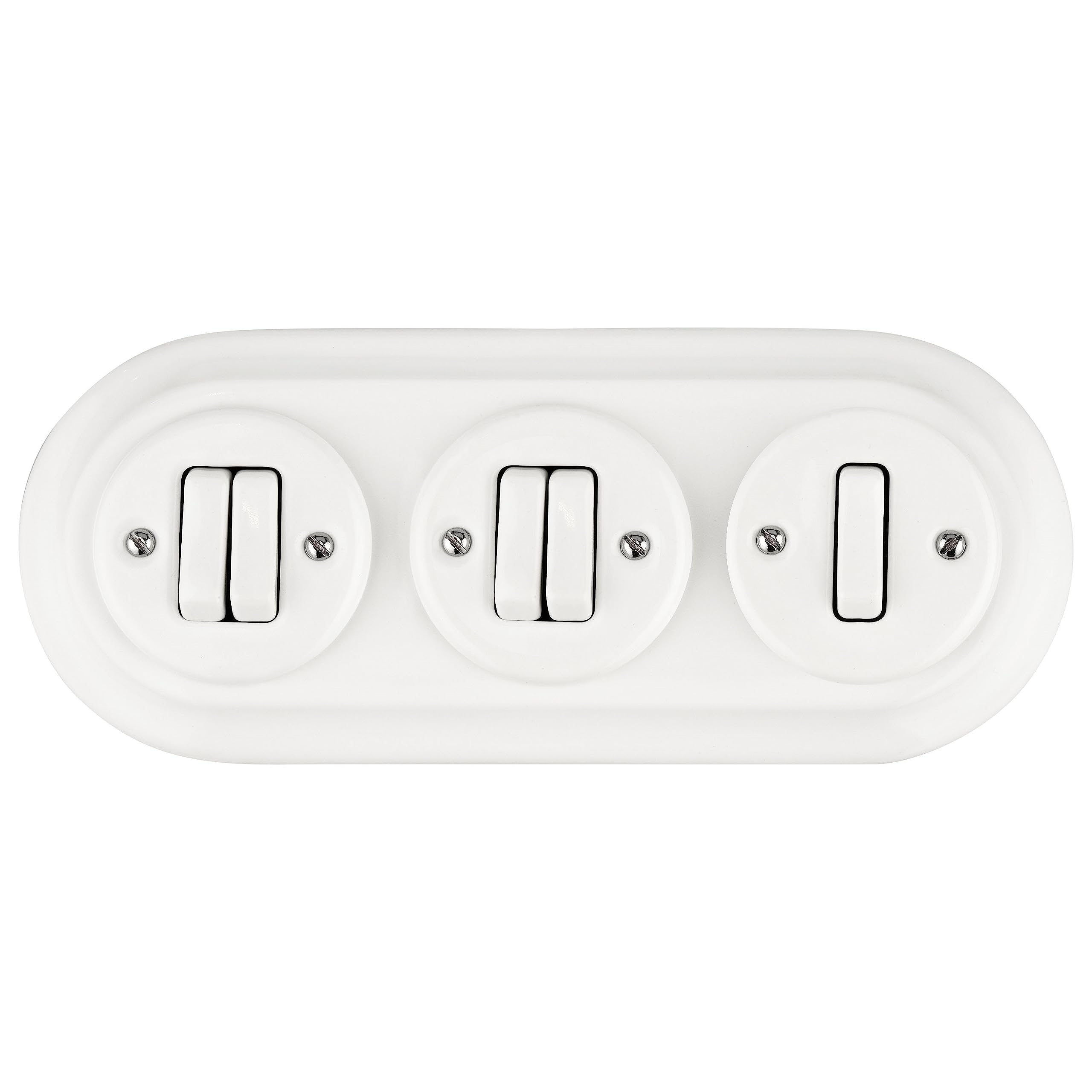 Unterputz Porzellan Retro, Schalter, Doppelschalter, 3-fach, All-in-One, Serie PR1 weiß