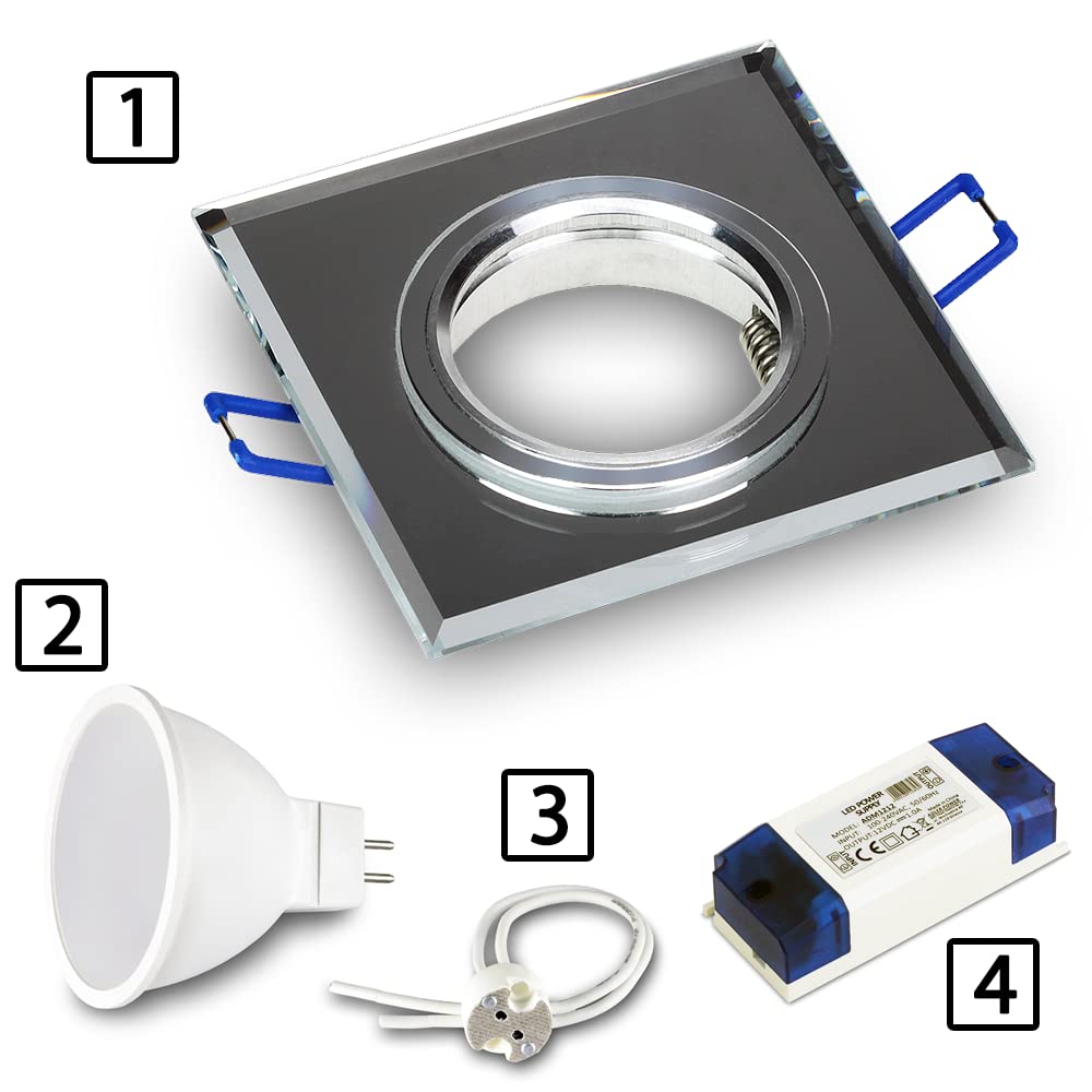 Kwazar Luminaire - Cadre d'encastrement GU10 - Cadre pour Spot encastrable - pour luminaires LED - Plat, en Verre, Effet Miroir, pour Plafond - pour Salon, Cuisine Bureau - RIK9 Carré Transparent