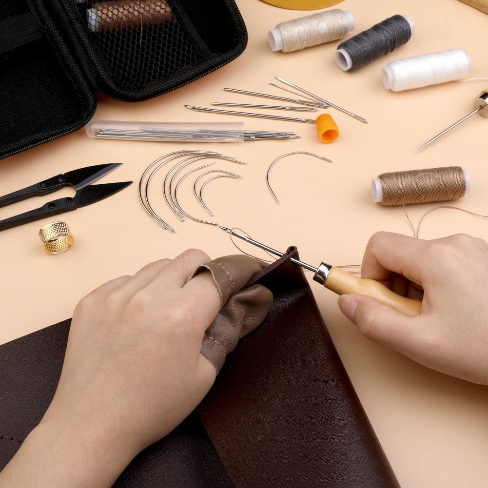 Kit de costura de cuero, kit de reparación de tapicería de costura de cuero, kit de trabajo de cuero con 8 hilos de tapicería, agujas de coser de cuero, kit de herramientas de artesanía de cuero para