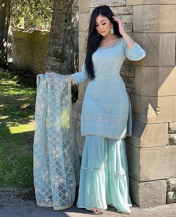 Image of Women's Designer Chinon Silk Sharara Suit Set, Sequence Embroidery Kurti with Tiered Sharara and Dupatta