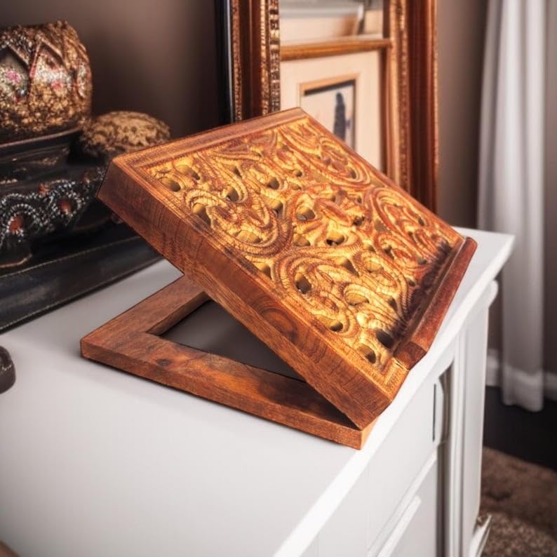 Handcrafted Mango Wood Book Stand: Adjustable Carved Design, Ideal for Reading & Recipe Display