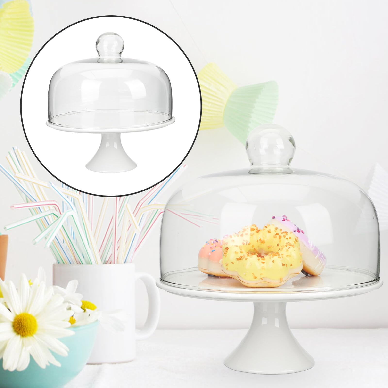 iplusmile Soporte para Tartas con Base Alta de Cerámica y Vidrio con Tapa de Cristal Plato de 10 Pulgadas para Postres Frutas y Aperitivos Expositor para Fiestas y Celebraciones