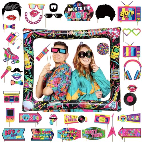 Cabine de fotos insuflável de festa retro dos anos 80 com 40 acessórios para selfies, moldura de fotos para discoteca dos anos 80, acessórios de jogo para festa
