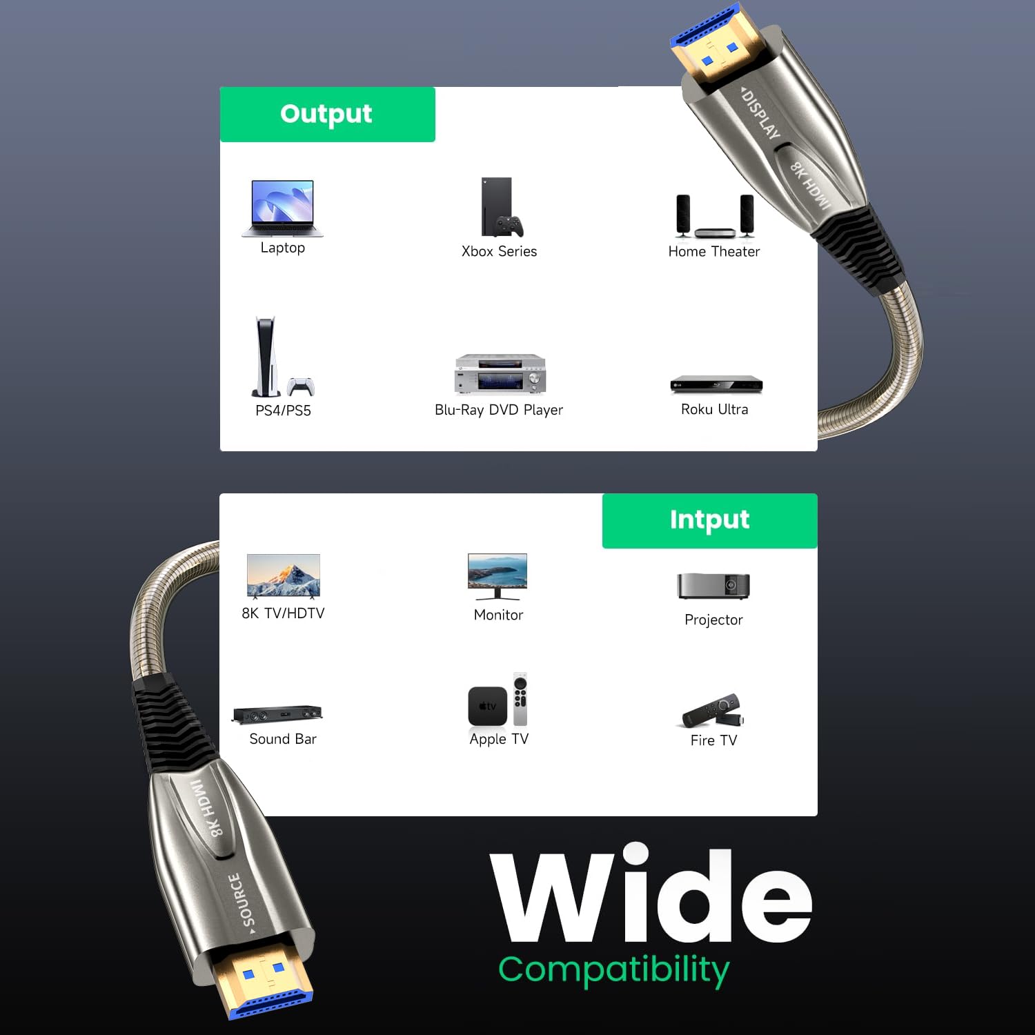 Cables HDMI de fibra óptica de 30 m, 8 K, 48 Gbps, con revestimiento de armadura de metal, cable HDMI 2.1 de ultra alta velocidad, 8 K a 60 Hz, 4 K a 120 Hz, compatible con PlayStation 5 PC