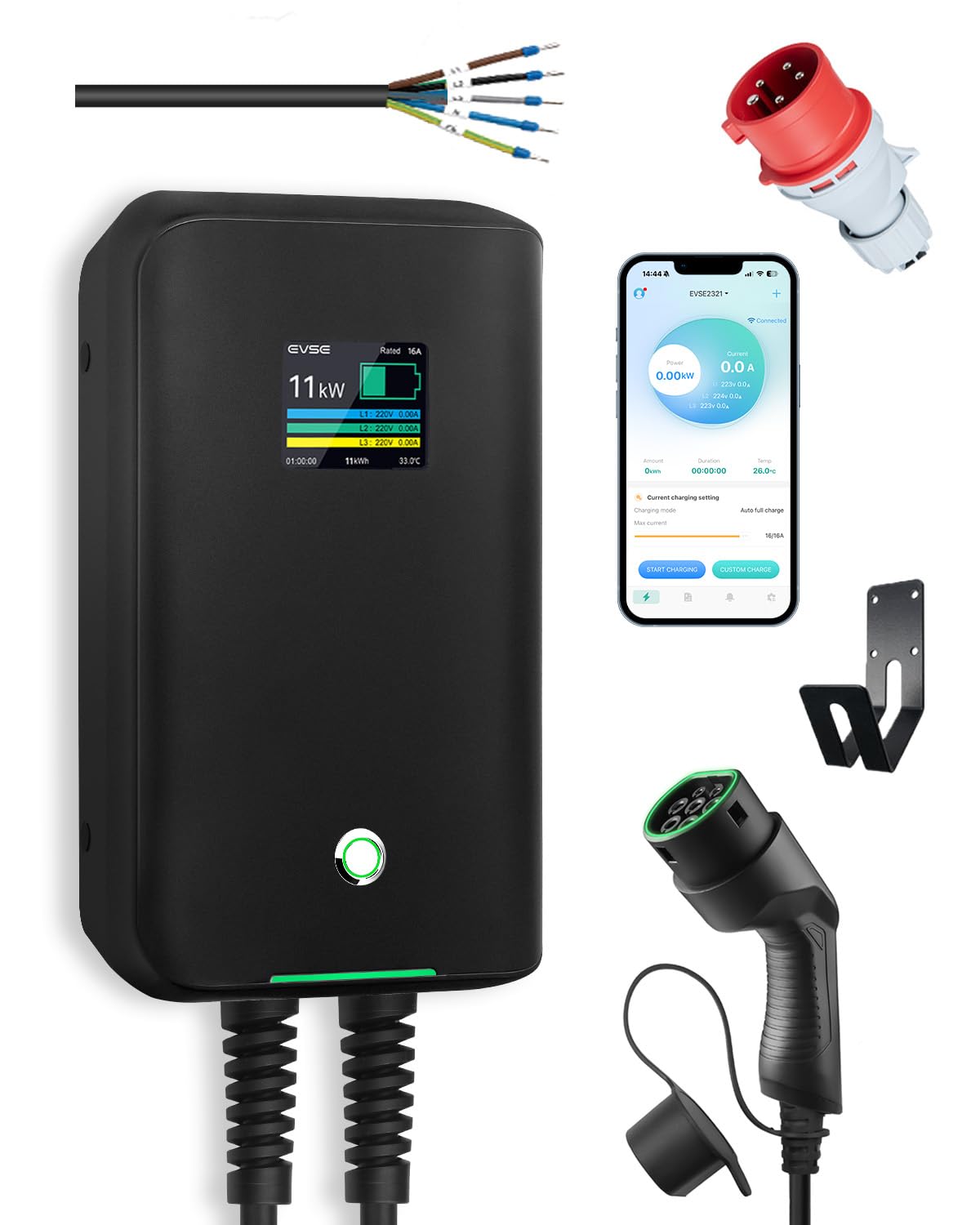 Wallbox 11 kW 3-phasig mit App, Typ 2 Ladekabel, Festverdrahtung, 7,5m