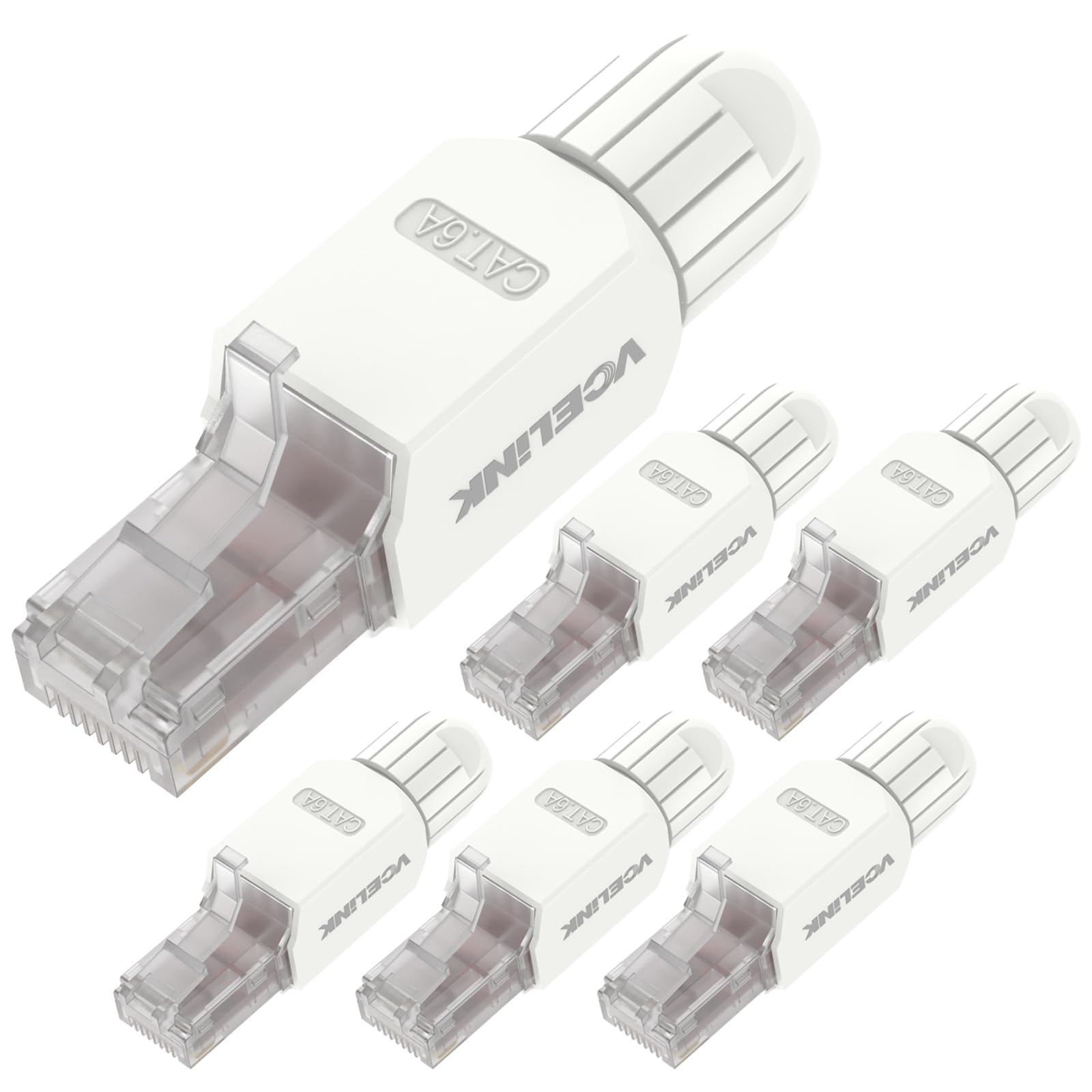 VCELINK Cat6A RJ45 Stecker Werkzeuglos, 10 Gbit/s 500 MHz, Vergoldeter Netzwerkstecker Wiederverwendbar, Kompatibel mit Router, Switch, Glasfaser-Modem und PC, Weiß, 6 Stück
