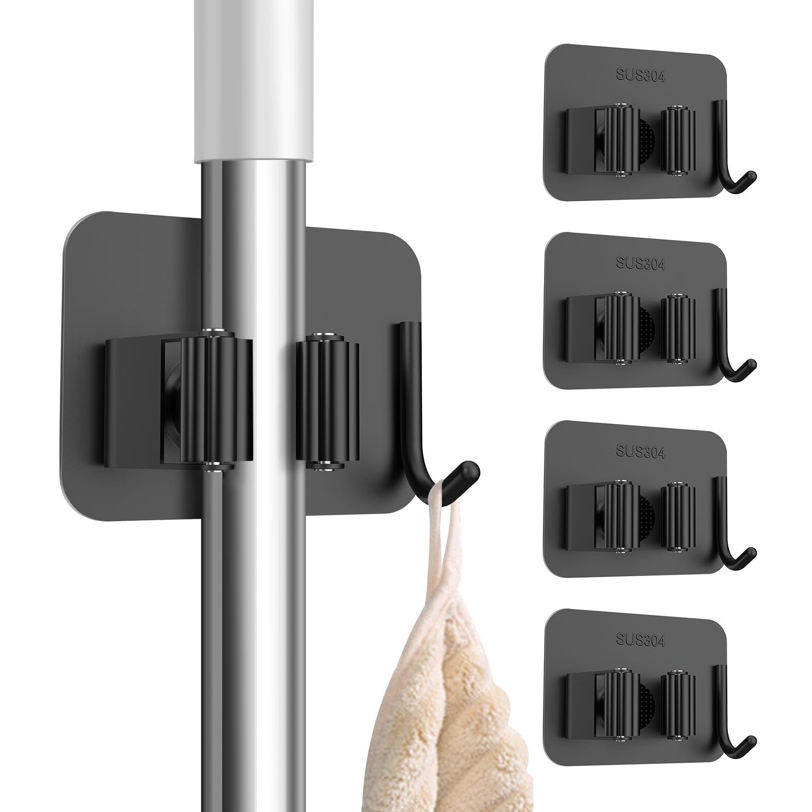 Photo 1 of nacena 4 Pack No Drill Self Adhesive Broom Mop Holder Wall Mount with Hooks, Heavy Duty Stainless Steel Organizer for Kitchen Bathroom Garage Storage, Black