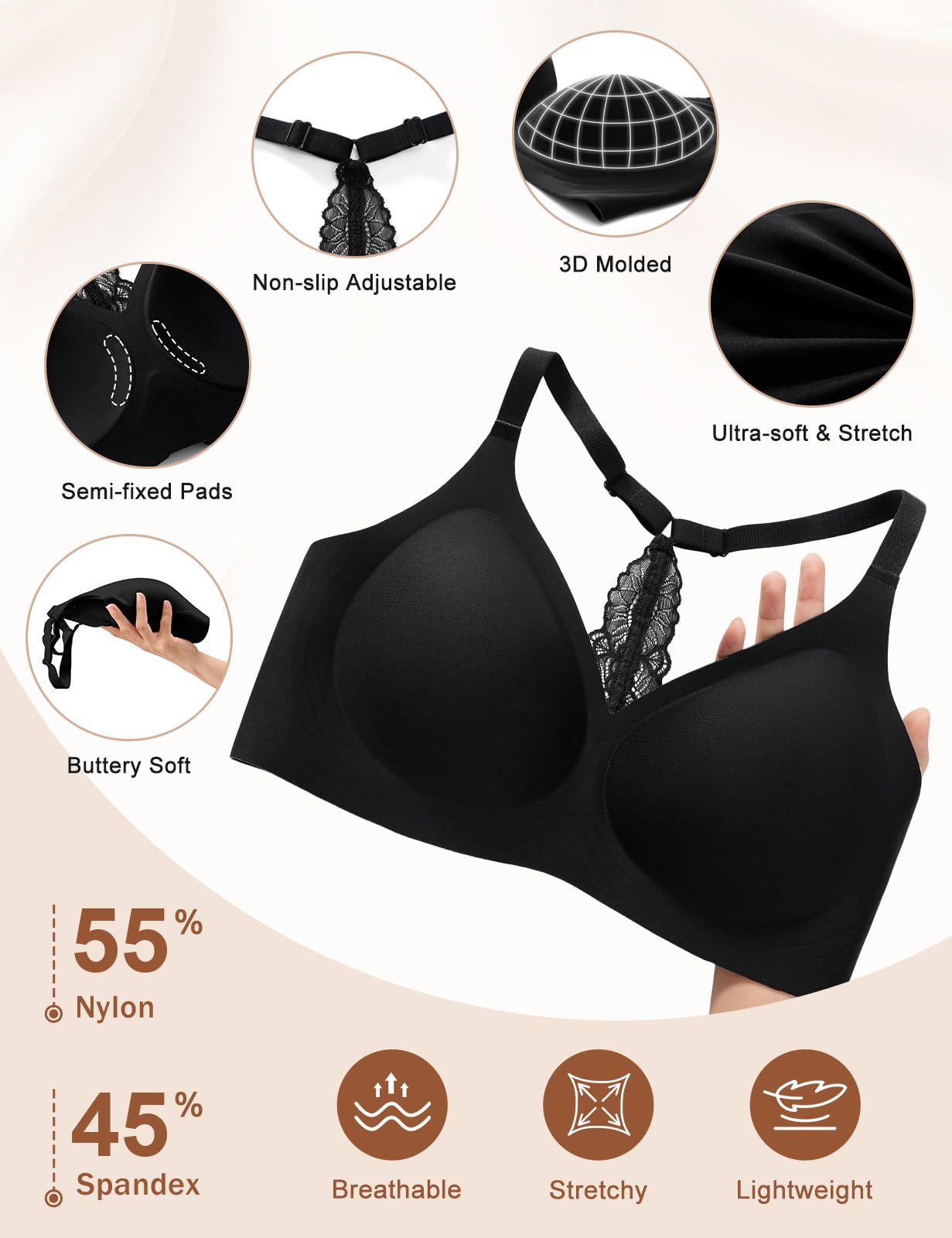 Halter Reggiseno Senza Ferretto Donna, Pizzo Regolabile Spallina a Y Morbido Comodo Imbottito Bralette Push Up Scollo a V Intimo Senza Cuciture