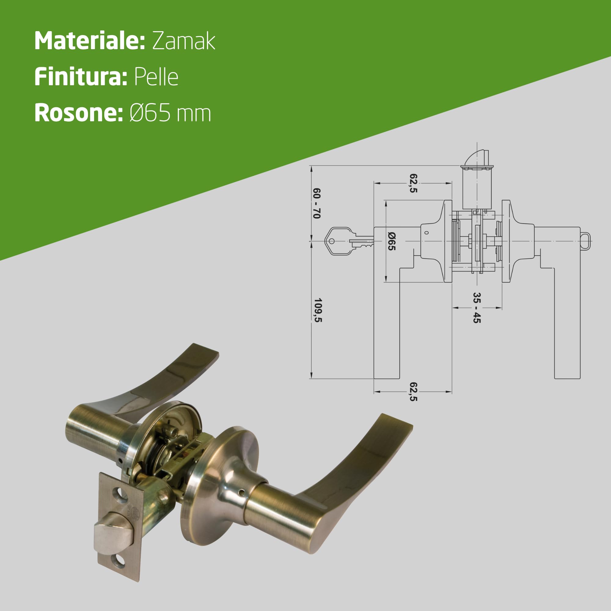 Amig - Maniglia di Passaggio con Scrocco - Scrocco da 60/70 mm - per Porte in Legno da 35 a 45 mm - Maniglia con Rosetta - Regolabile e Reversibile - Pelle - Zamak - Mod. 711