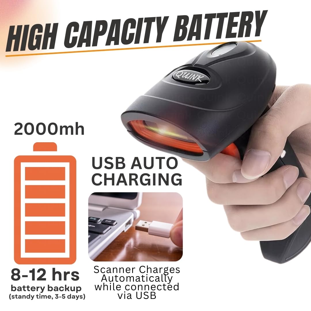 Quink 2.4GHz Wireless Barcode Scanner, QR and 1D/2D Code Reader, Wired and Rechargeable, Black (Handheld) 3