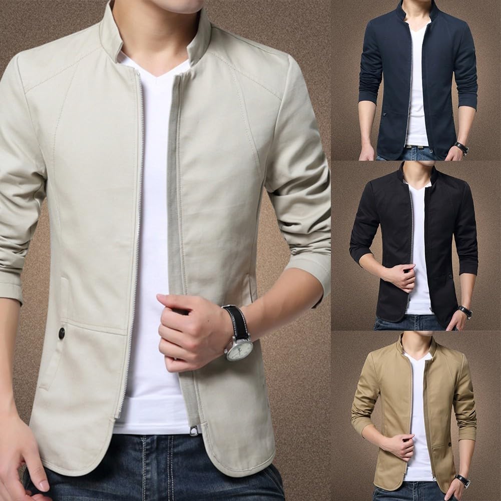 Chaqueta de traje formal con cremallera para negocios, con cuello, chaqueta casual para hombre (talla L, azul marino)