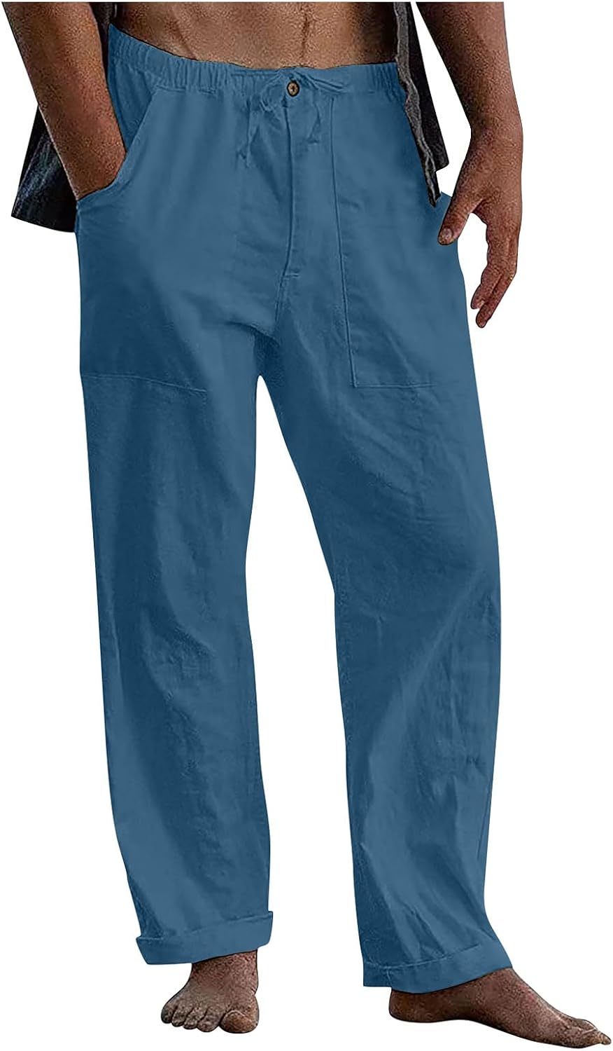 Cicilin Mens Cotton Linen Pants Drawstring Loose Fit Casual Straight Legs Beach Trousers