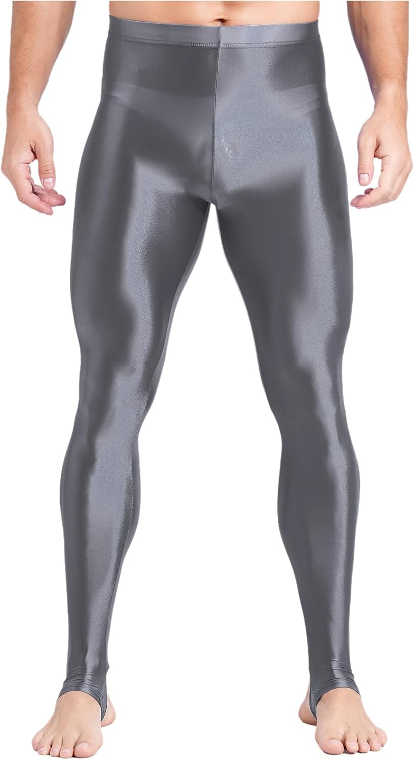 Sywiyi Mens Compression Long Pants Glossy Stirrup Tights Trousers Seamless Running Base Layer