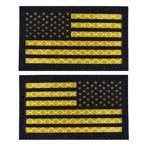 2x3.5 Reflective US USA American Flag Tactical Patches Hook-Fastener Backing (1 Left + 1 Right? (Black-Yellow)