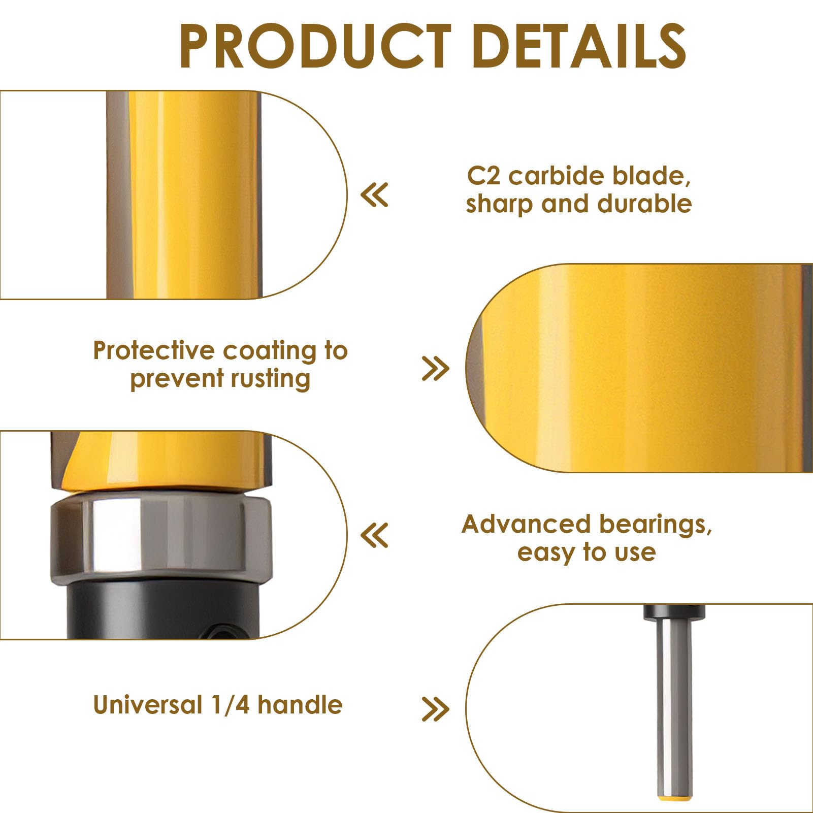 4-Piece Shank Flat Flush Trim Router Bits 1/4 Shank Set, Professional Woodworking Template Cutter with Bearing - Image 3