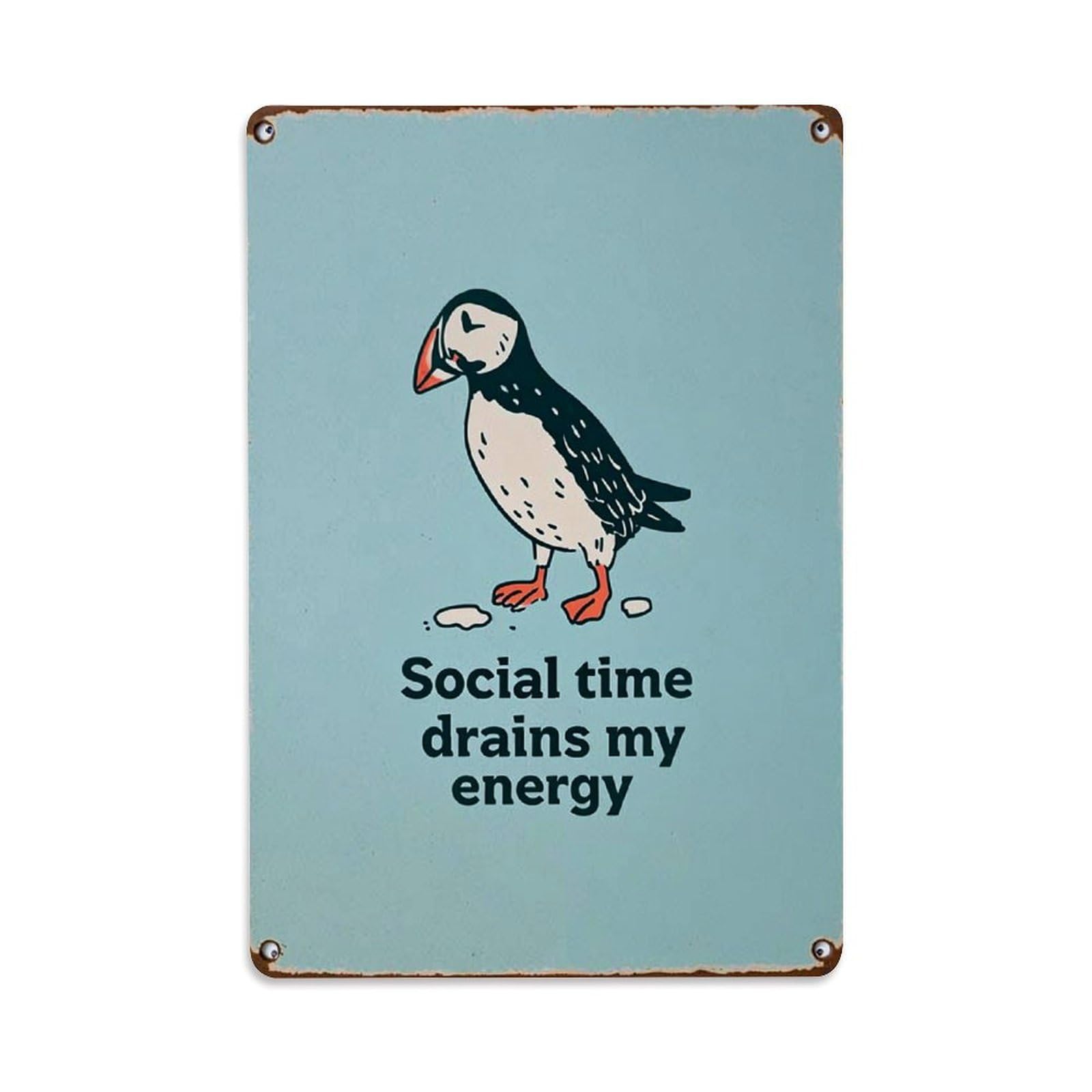 Jdfenggu Vintage Puffin Saying Social Time Drains Retro Metal Tin Sign, Metal Poster For Bar, Home, Man Cave, Kitchen, Laundry Room Art Decor 8X12 Inch