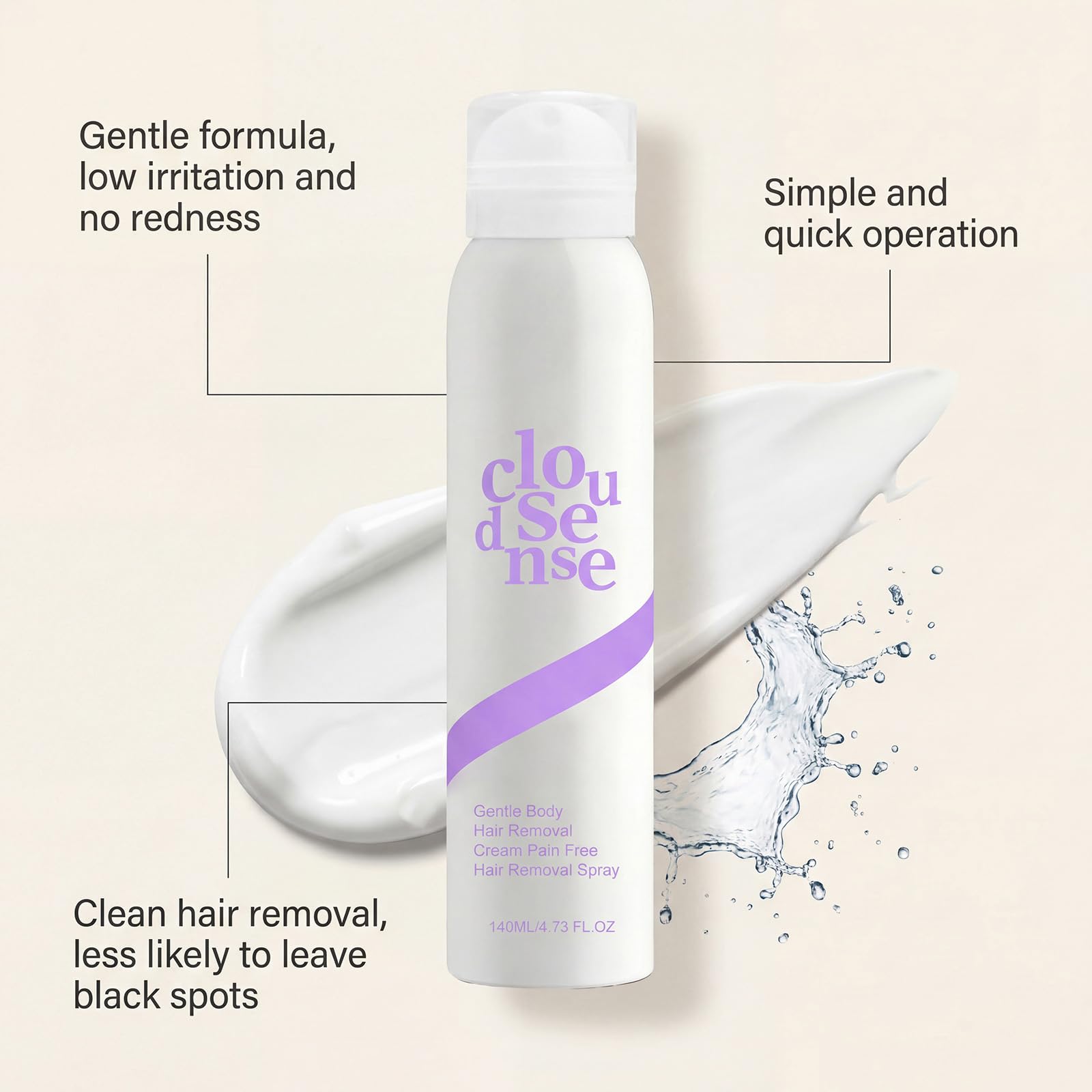 Cloud Sense spray do depilacji i delikatny, bezbolesny krem do depilacji, nawilżający i uspokajający, jedwabisty zestaw do usuwania włosów dla wrażliwej skóry, nóg, ramion, strefy bikini (5 szt.)