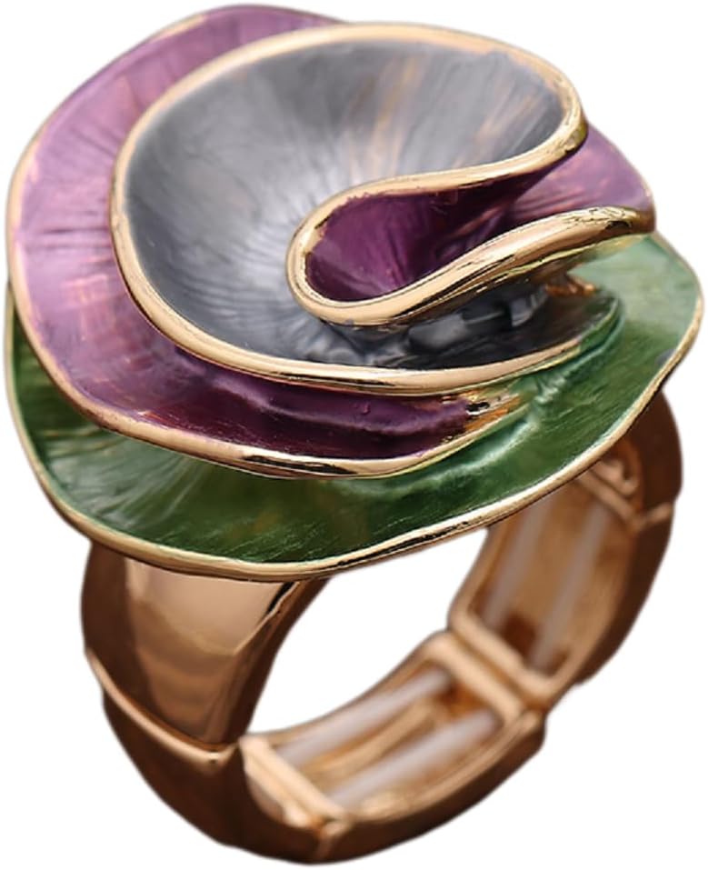 Chunky Big Flower Charm Elastic Band Stretch Cocktail Rings for Women Statement Jewelry