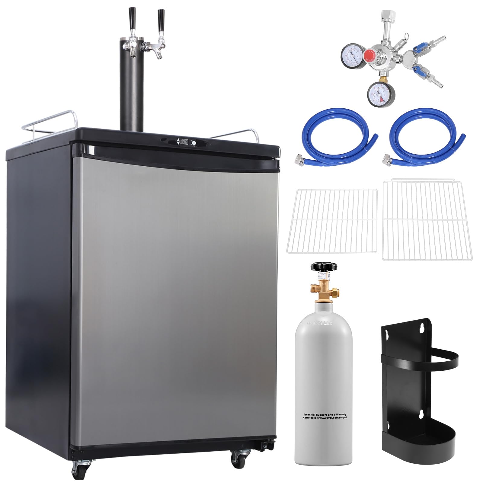Happybuy Dual Tap Beer Kegerator - Full Size Keg Refrigerator with Shelves, CO2 Cylinder, Drip Tray & Rail, 32°F - 75.2°F Temperature Control, Fits 1/6, 1/4, 1/2 Barrels, Black | Fridge.com