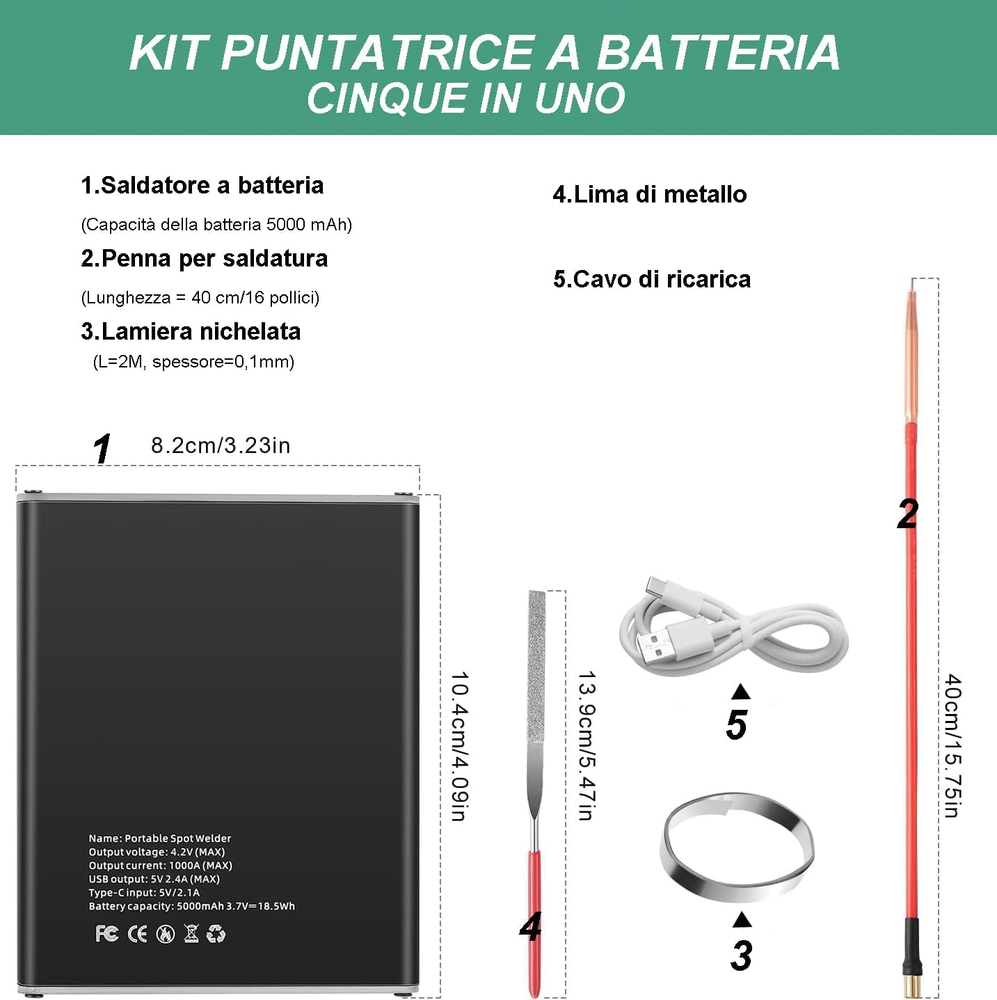 Batteria Spot Welder con 11 livelli di potenza di saldatura, 5000mAh batteria, 2M foglio di nichel-plate, per la fabbricazione di pacchi batteria (Nero)