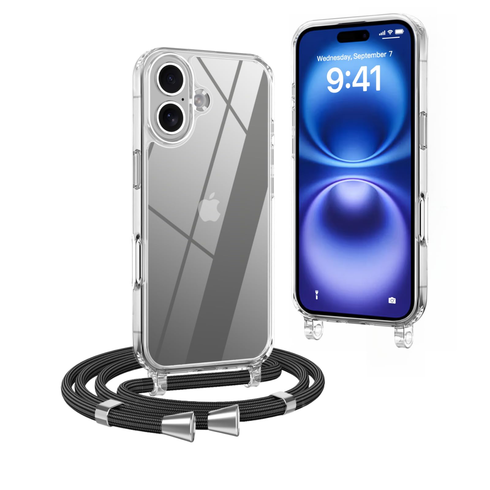OLEPHY Trasparente Cover con Cordino per iPhone 16 6,1'', Custodia con Regolabile Collana, [Antiurto] [AntiGraffio] Case con Laccio Tracolla, Nero