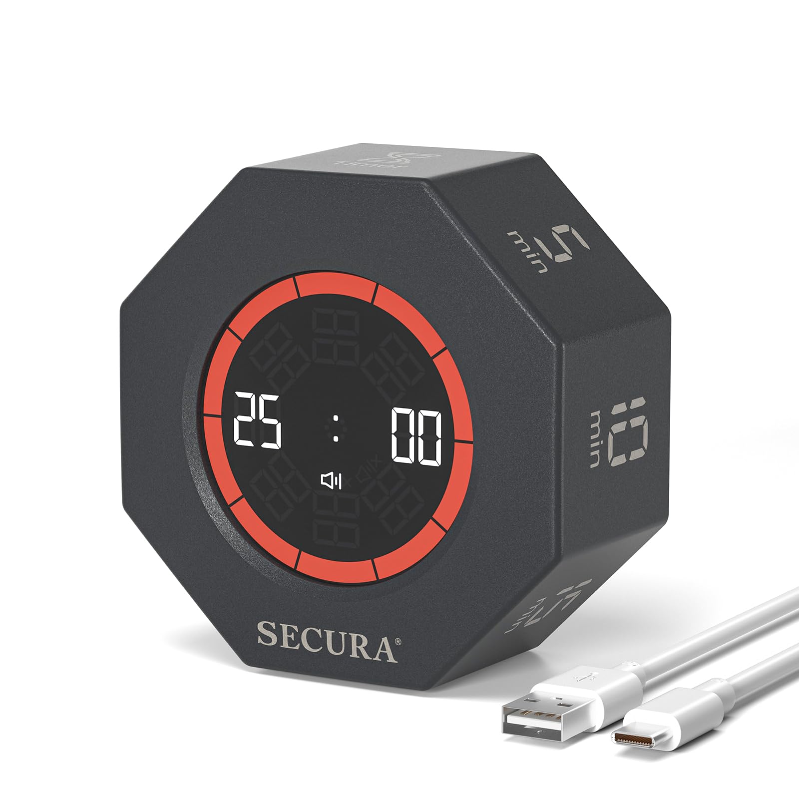 Secura Pomodoro Timer for ADHD & Productivity, Flip Cube Timer with 7 Presets (5/10/15/20/25/50/90 Min), Visual Countdown Progress Bar for Work, Study, Kids & Desk Setup(Dark Gray)