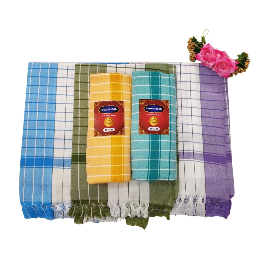 COTTONCRADLE – 100% Pure Cotton Handloom Bath Towels, 30x60 Inches, Checked Pattern with Fringed Edges, Quick Dry & Highly Absorbent (Pack of 5, 150 gram/Pcs, Multicolor)-image-32