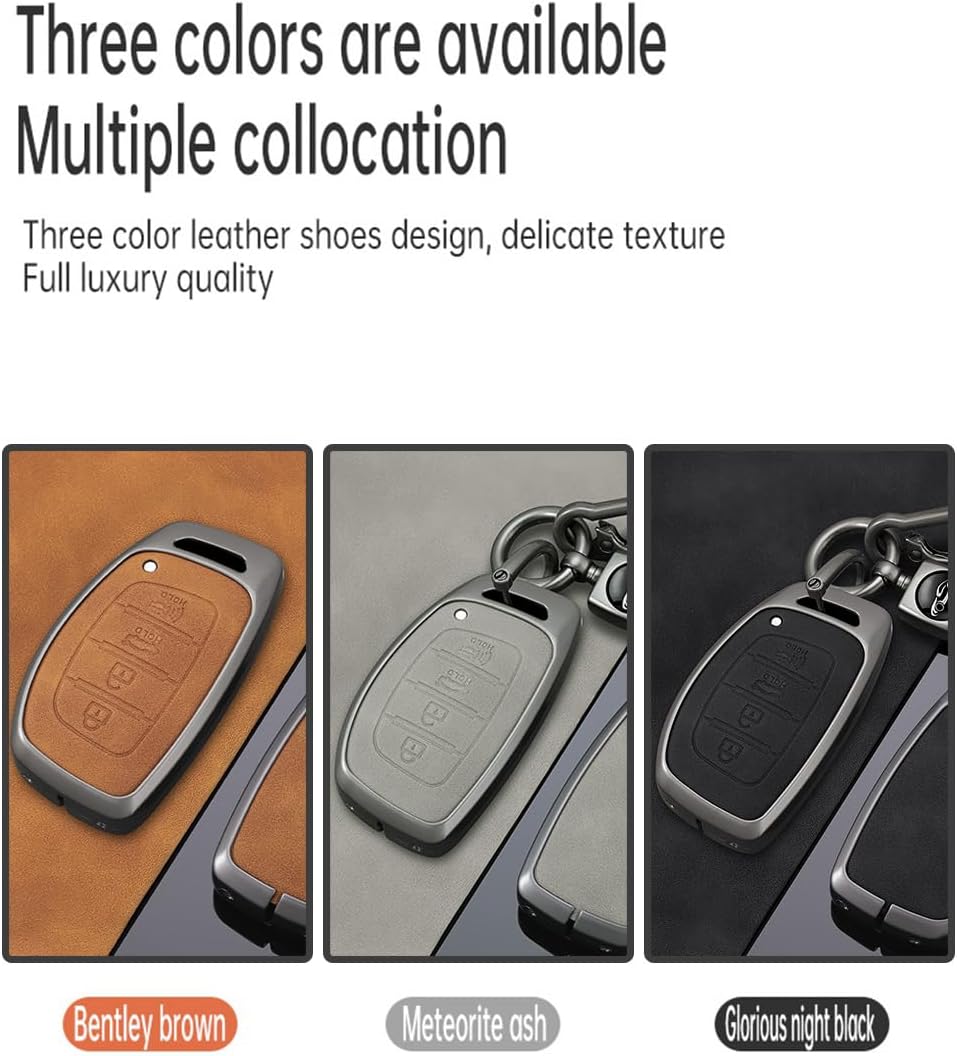 ontto Metal and Leather Key Fob Skin with Keychain Fit for Hyundai Sonata Elantra IX35 i10 i20 i40 Tucson Ioniq 2018 2019 Smart Remote Key Case Solid Key Protector,Black
