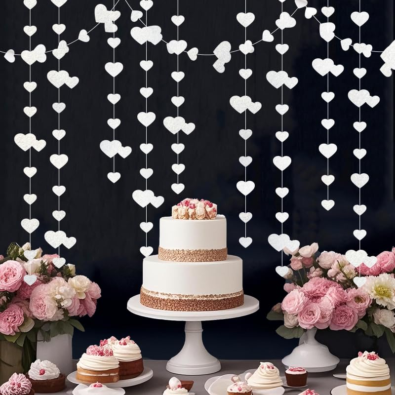 Image of White Hanging Heart Garland Sparkling Love Streamer Glitter Bunting Banner Twinkle Heart Backdrop for Wedding Engagement Valentines Galentines Birthday Party Decor 40 Feet
