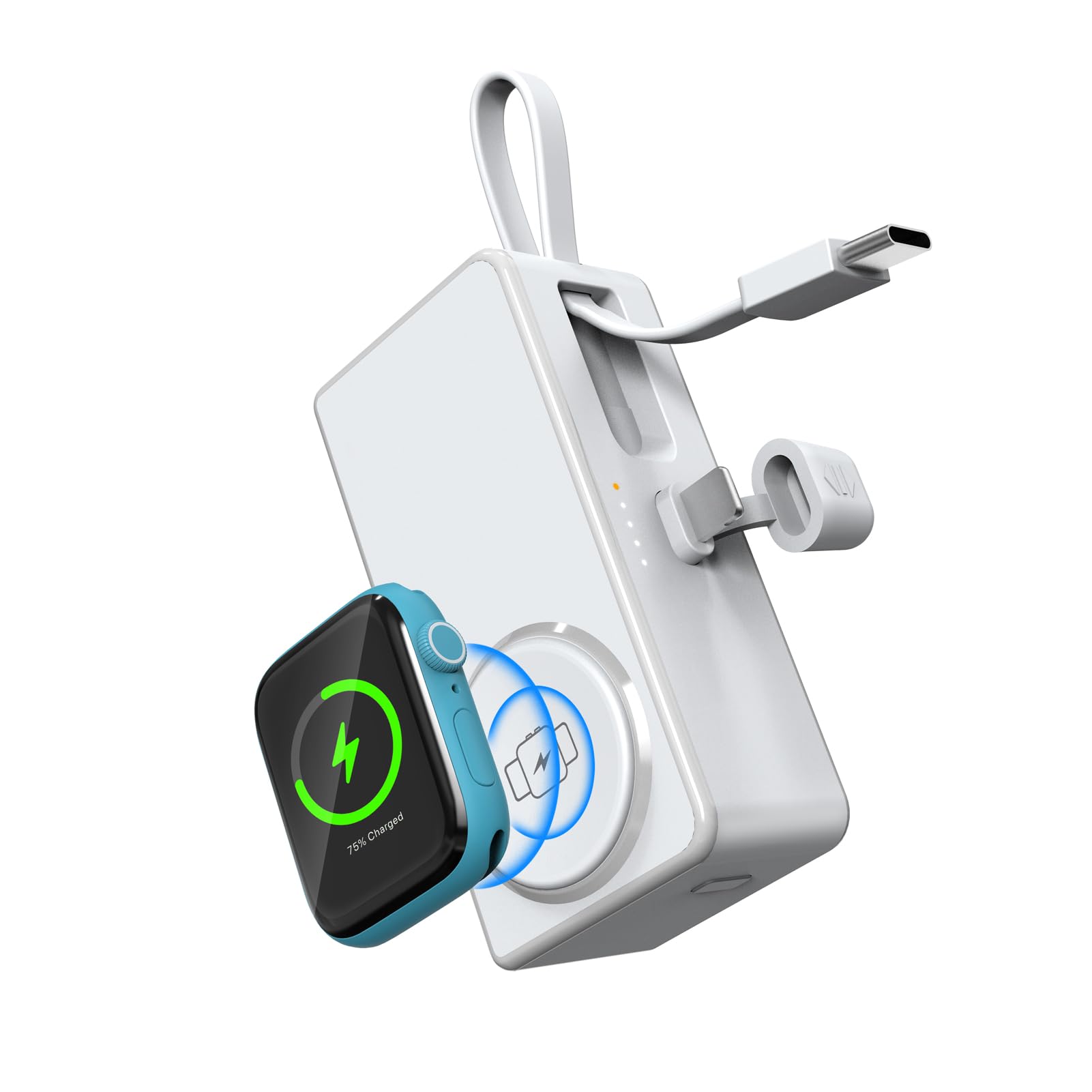 Mini Portable Charger for Smartwatch 5000mAh with Built in Cable, Ultra-Compact Magnetic i-Watch Charger Fast Charging Small Battery Pack Charger Compatible for Watch Series, White, PW229