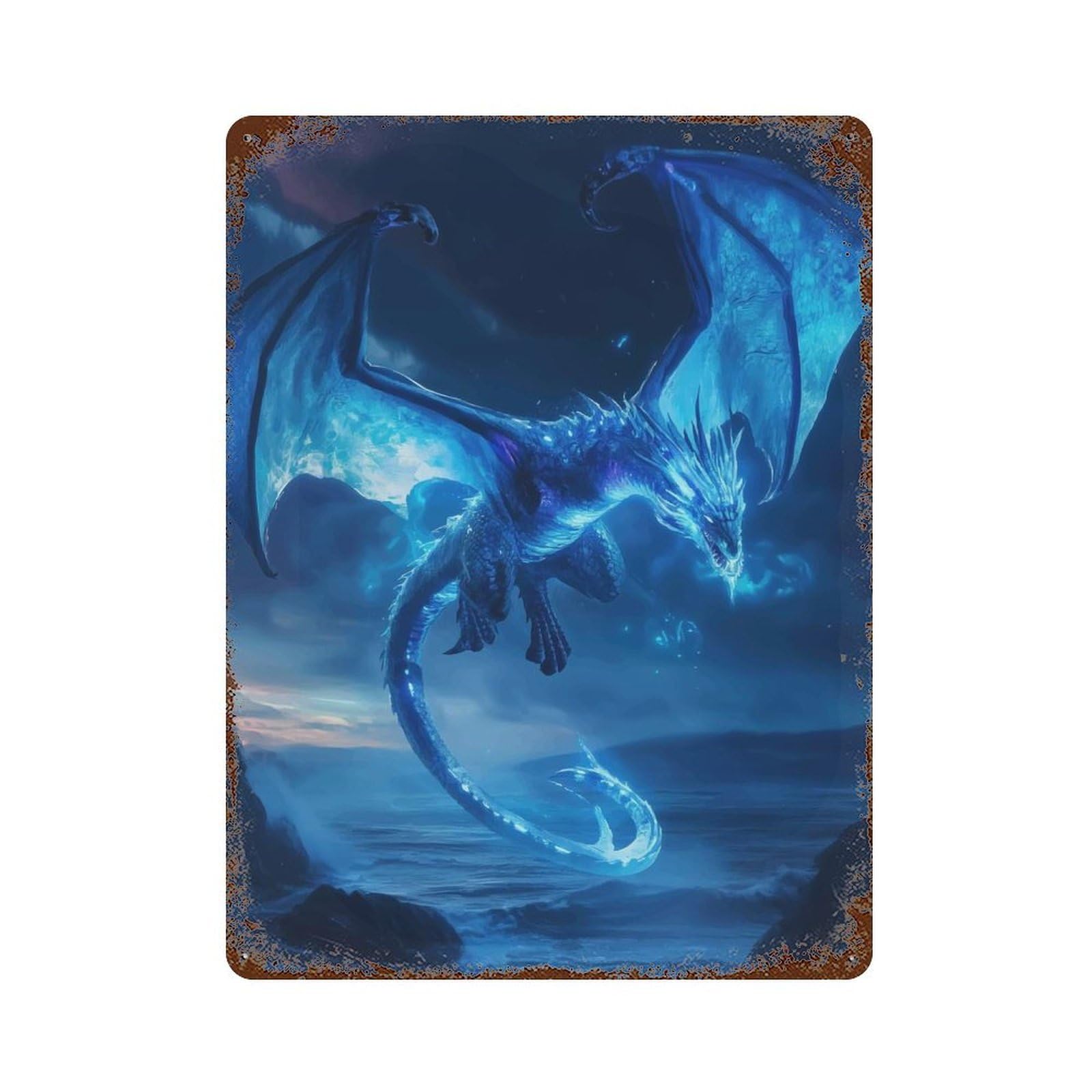 Blue Dragon Fantasy Art Distressed Metal Wall Sign 15.7"x11.8", Industrial Home Decor for Garage, Pub Or Kitchen