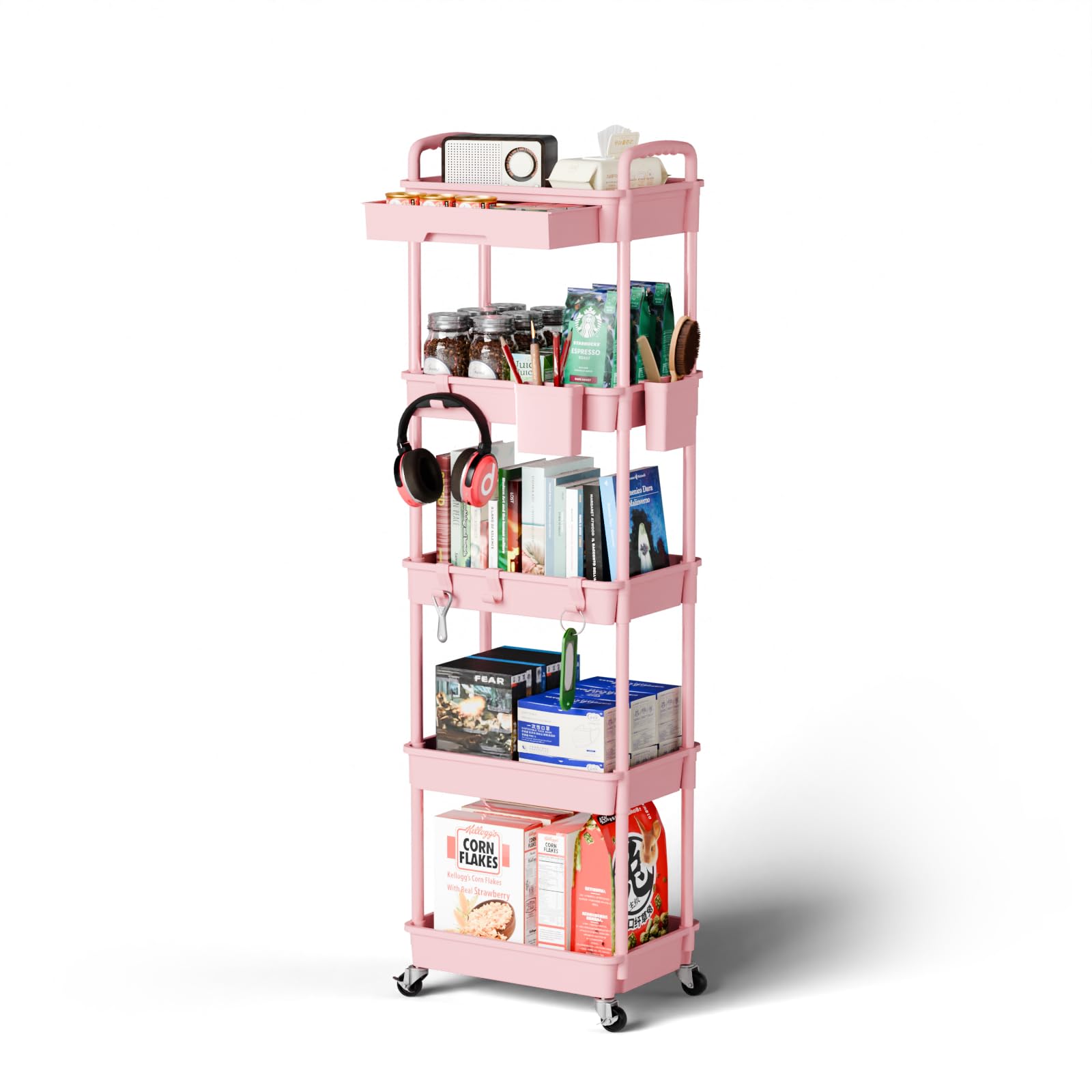 Sorgion 5 Tier Rolling Cart with Drawers, Slim Bathroom Storage | Pink Rolling Utility Ca…