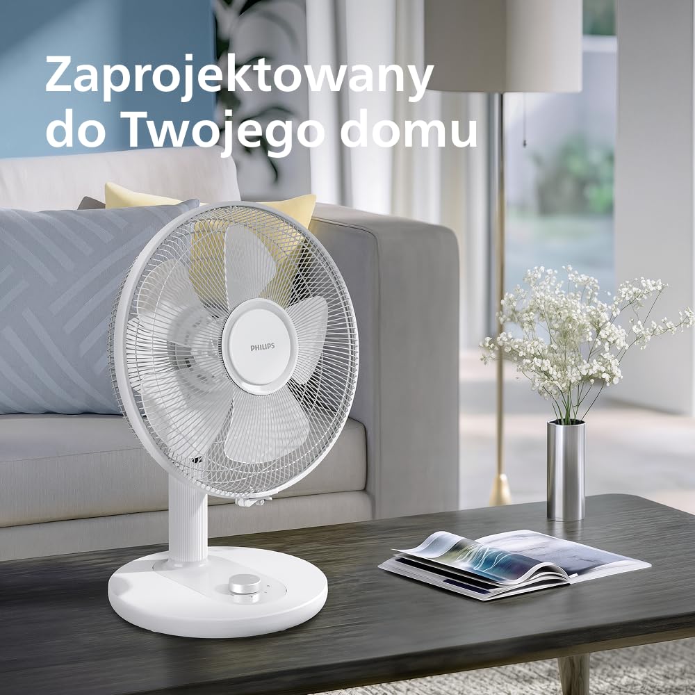 Wiatrak Philips z serii 1000, mocny i cichy, 35 dB(A), 3 ustawienia prędkości, obrotowy i odchylany, biały (CX1030/00)