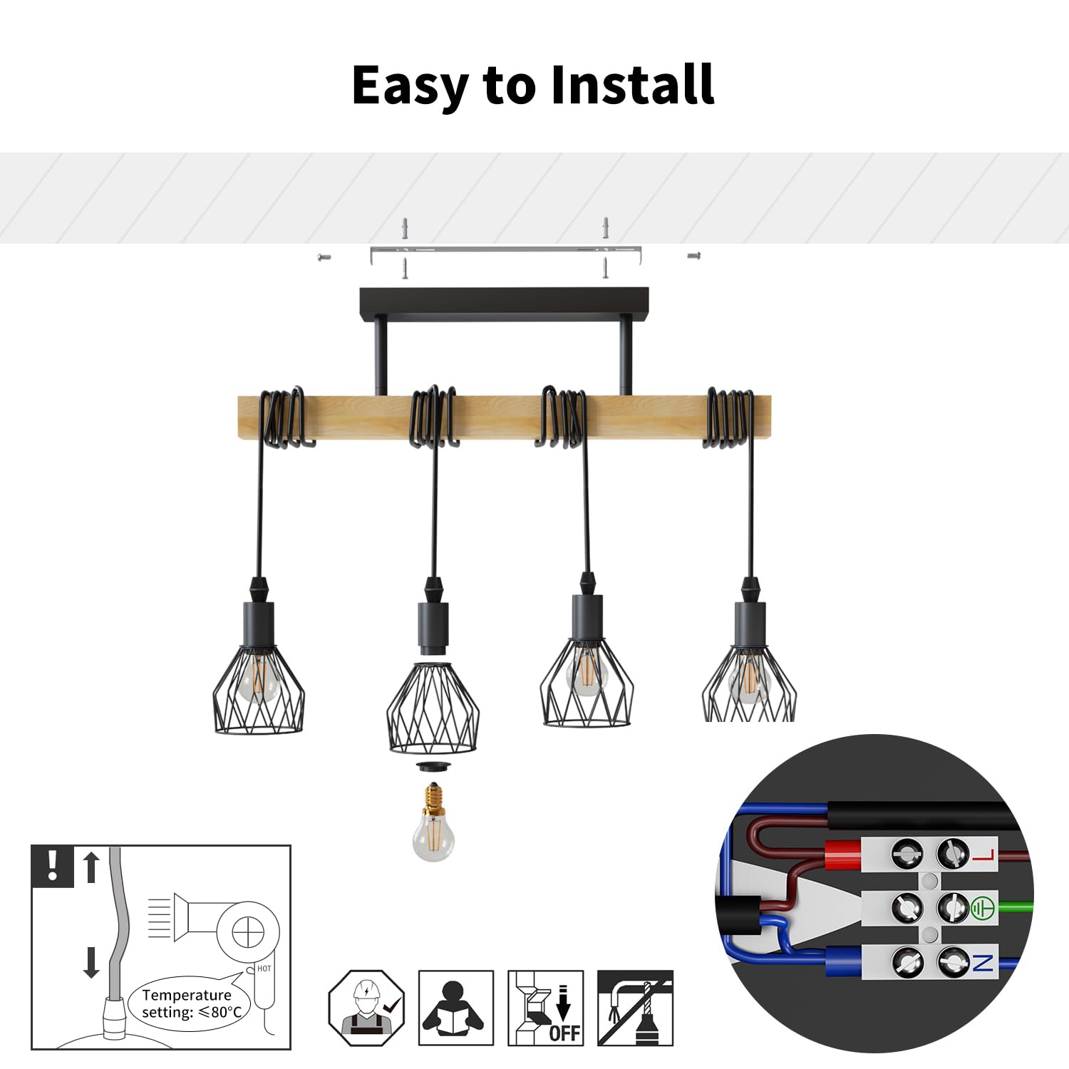 LVWIT Lampara de Techo Colgante Negro, Lamparas Colgantes de Techo Salon,Lámpara de Techo Vintage, Lámparas Colgantes con 4 Luces E14,Ideal para Cocina,Comedor,Dormitorio,Bar,Restaurante(Sin Bombills) — view 5